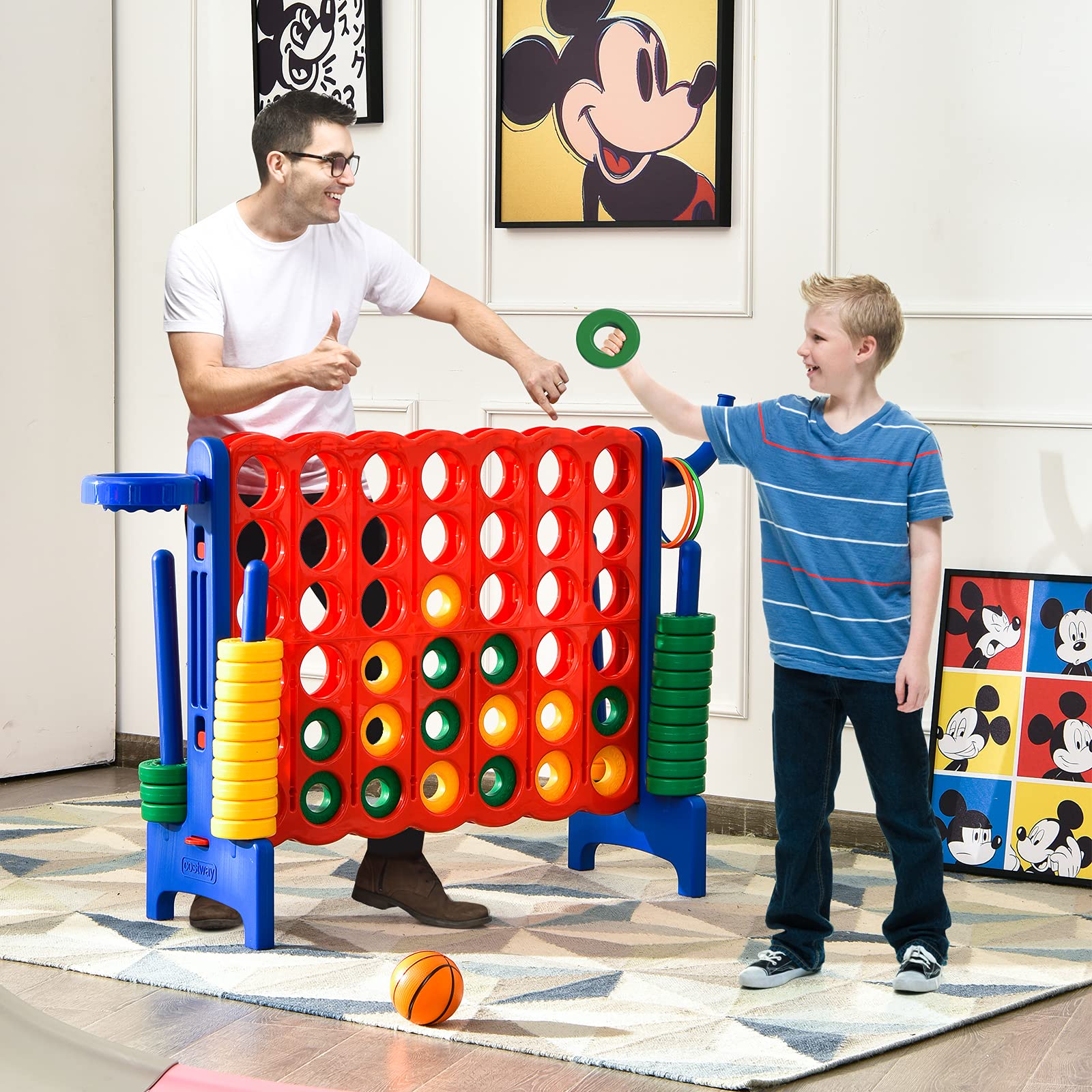 COSTWAY Riesiges 4 Gewinnt Spielset mit Basketballkorb und Wurfspiel, inkl. 42 Jumbo Ringen und Schieberegler zum schnellen Neustart, Vier in Einer Reihe Spiel groß (Rot + Blau)