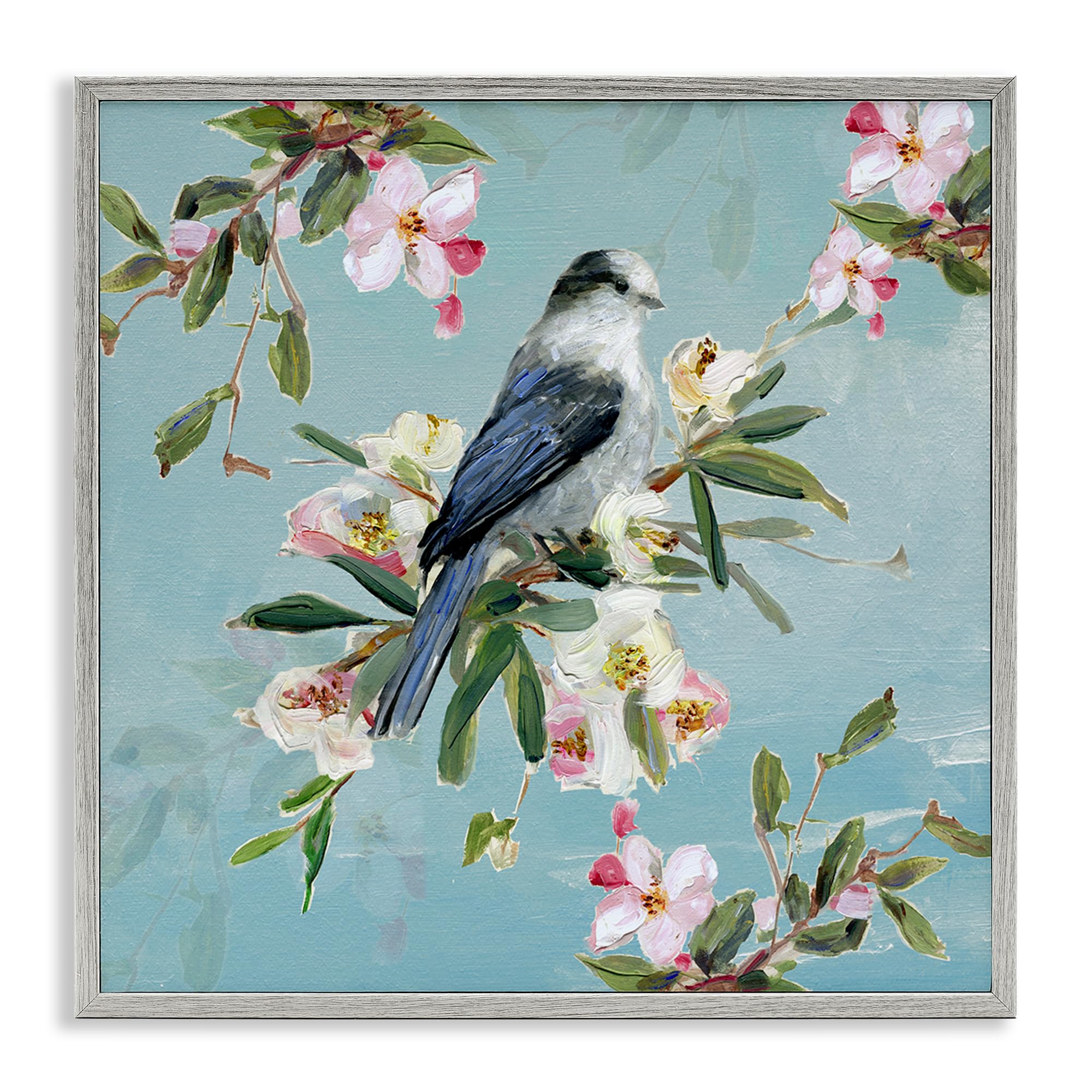 Stupell Industries Pastel Songbird Blossoms Spring 'Pastel Songbird Among Blossoms', Framed Giclee Art, Gray, 24 X 24 Inches, Easy To Hang And Sturdy, Made In Usa, By Sally Swatland