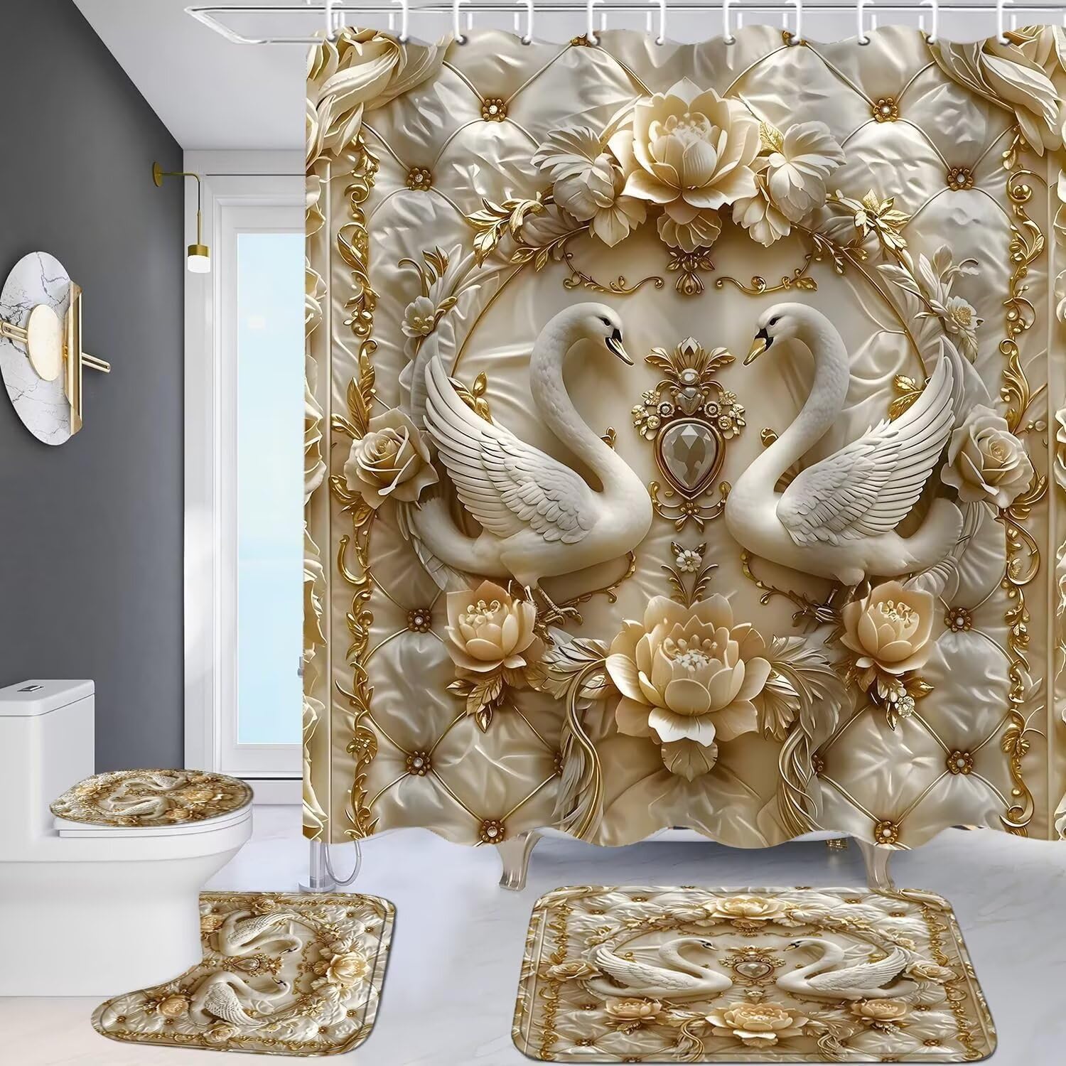 DDQQ 4Pcs 3D Swan Shower Curtain Sets with Rugs Swan Pearl Bathroom Set