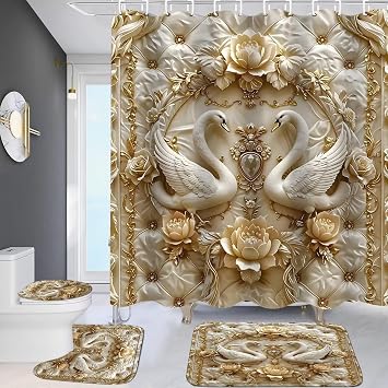 DDQQ 4Pcs 3D Swan Shower Curtain Sets with Rugs Swan Pearl Bathroom Set | Waterproof,Shower Curtain with 12 Hooks,Non-slip Bath Mats,Toilet Lid Cover,U Toilet Mat,Durable Bathroom Set