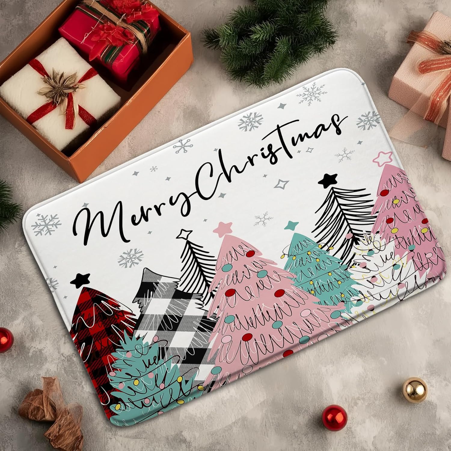 Merry Christmas Bath Mat Pink Xmas Trees Cute Winter Snowflake Buffalo Plaid Bathroom Bathtub Floor Area Rugs Doormat Toilet Decor(24x47 in)