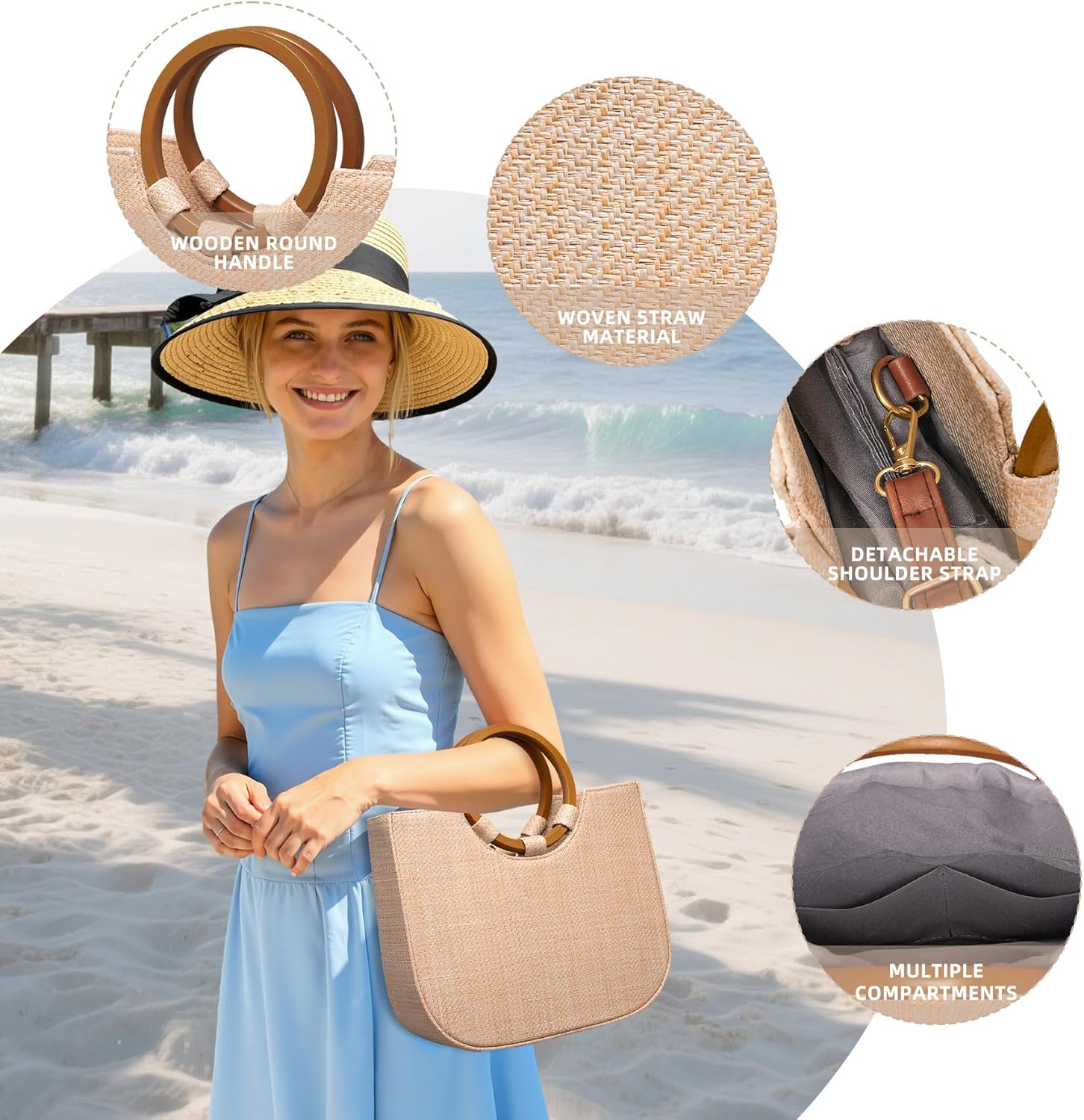 Larcenciel Beach Tote Bag with Round Wooden Handle, Hand Woven Straw Bags for Women & Detachable Shoulder Strap, Summer Boho Basket Crossbody Shoulder Bag for Vacation Holiday Travel, 13.8×9.7×3.5in | straw woven