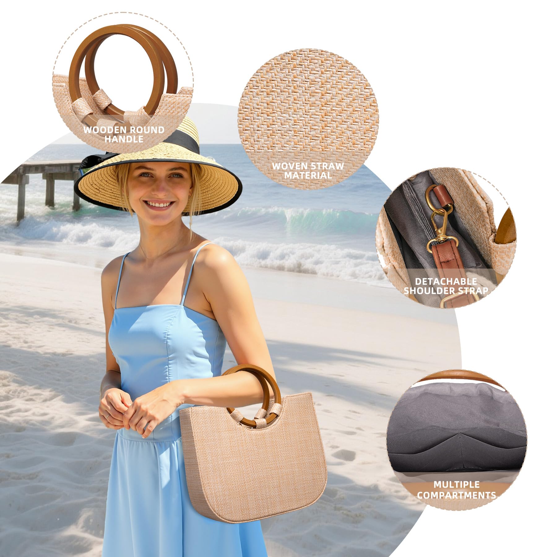 Larcenciel Sac de Plage Femme – Sac Paille Tressé en Fibres Naturelles, Sacs à Main Léger avec Fermeture à Cordon, Pochette et Clutch Femme Chic pour Plage, Mariage, Sortie ou Usage Quotidien