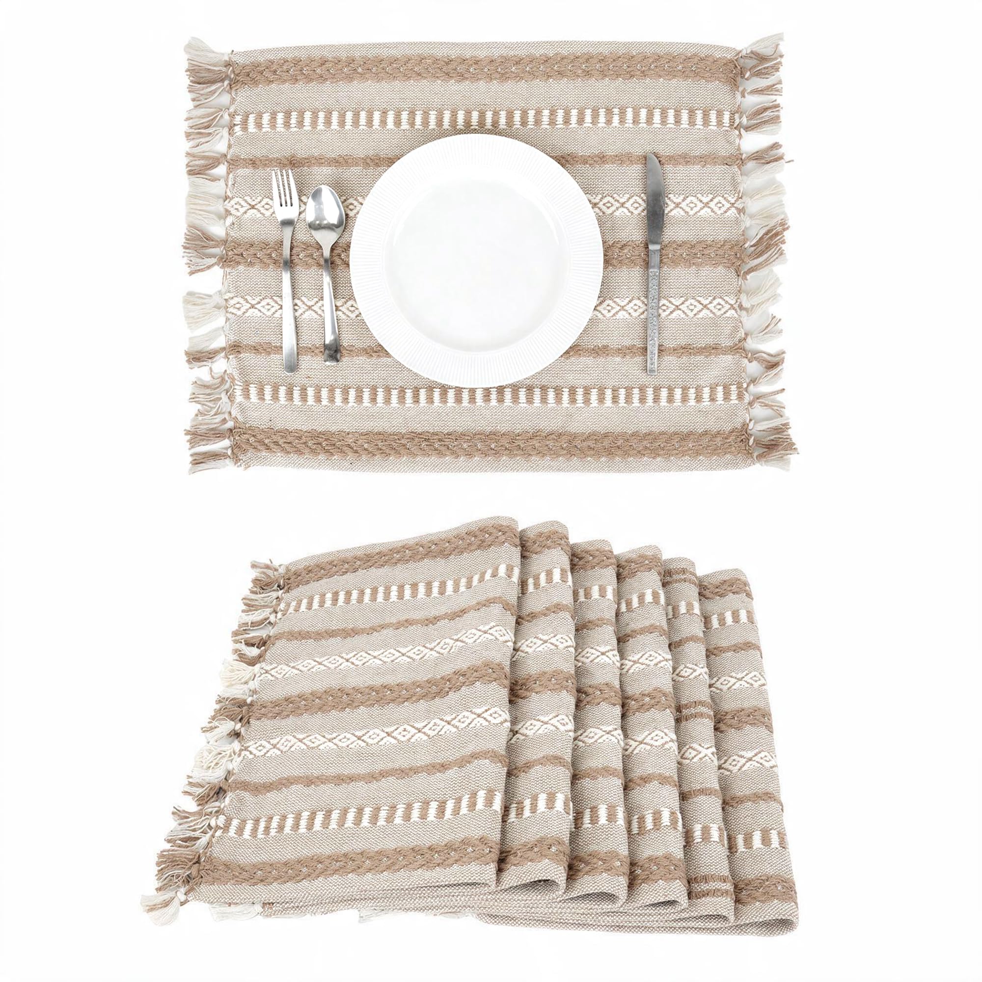 encasa xo dining table mats set of 6, boho cotton jacquard table placemats | decorative tassels | 16"x18" | beige | heat resistant mat | hand washable placemat | great festive or everyday 6-seater gift