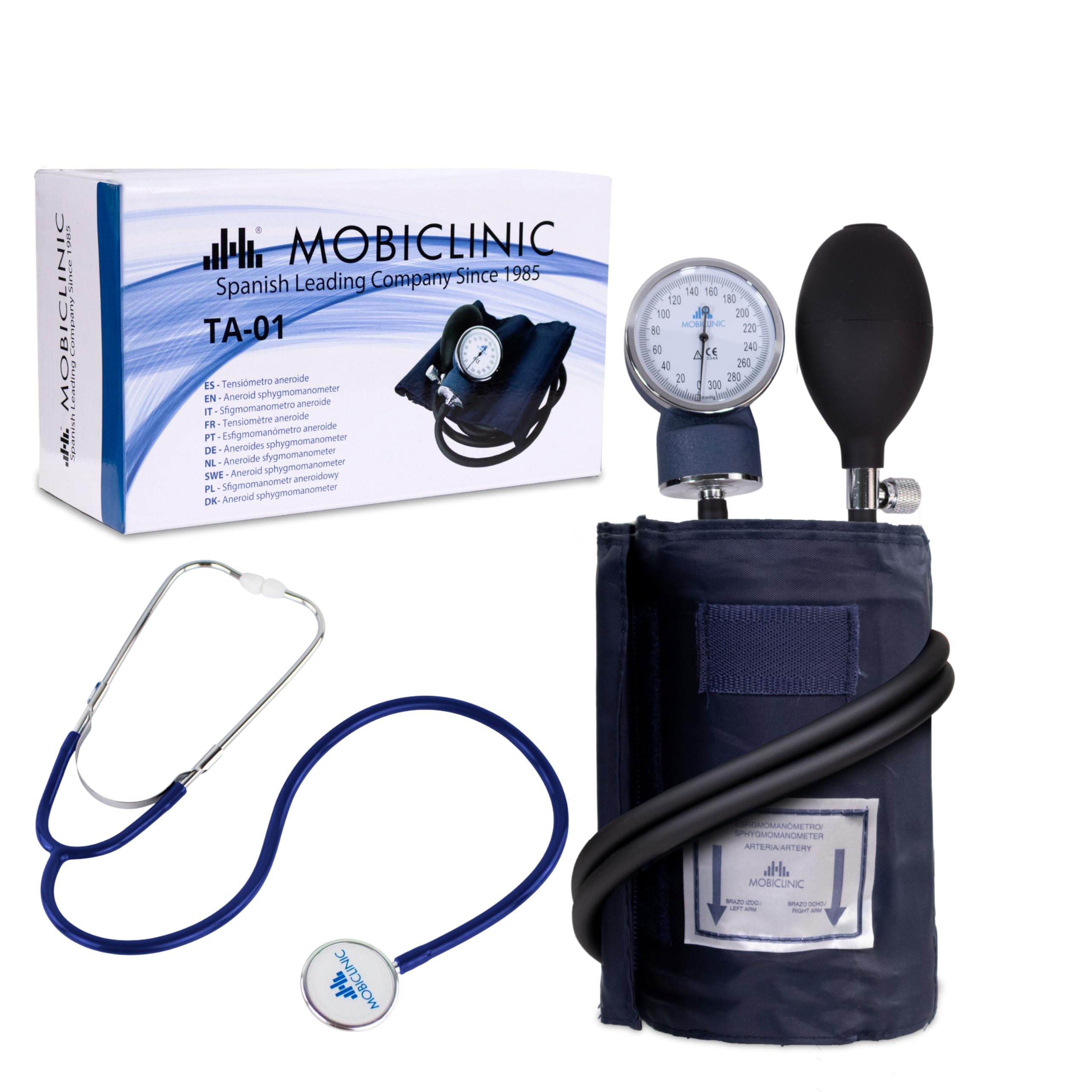 Mobiclinic, Pack de tensiómetro brazo manual y fonendoscopio, Estetoscopio aluminio doble campana, Medición presión arterial, Alta precisión, Fácil usar