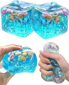 2PCS Blue Cube Fidget Toys with Ocean Shells, Squishy Sensory Toy