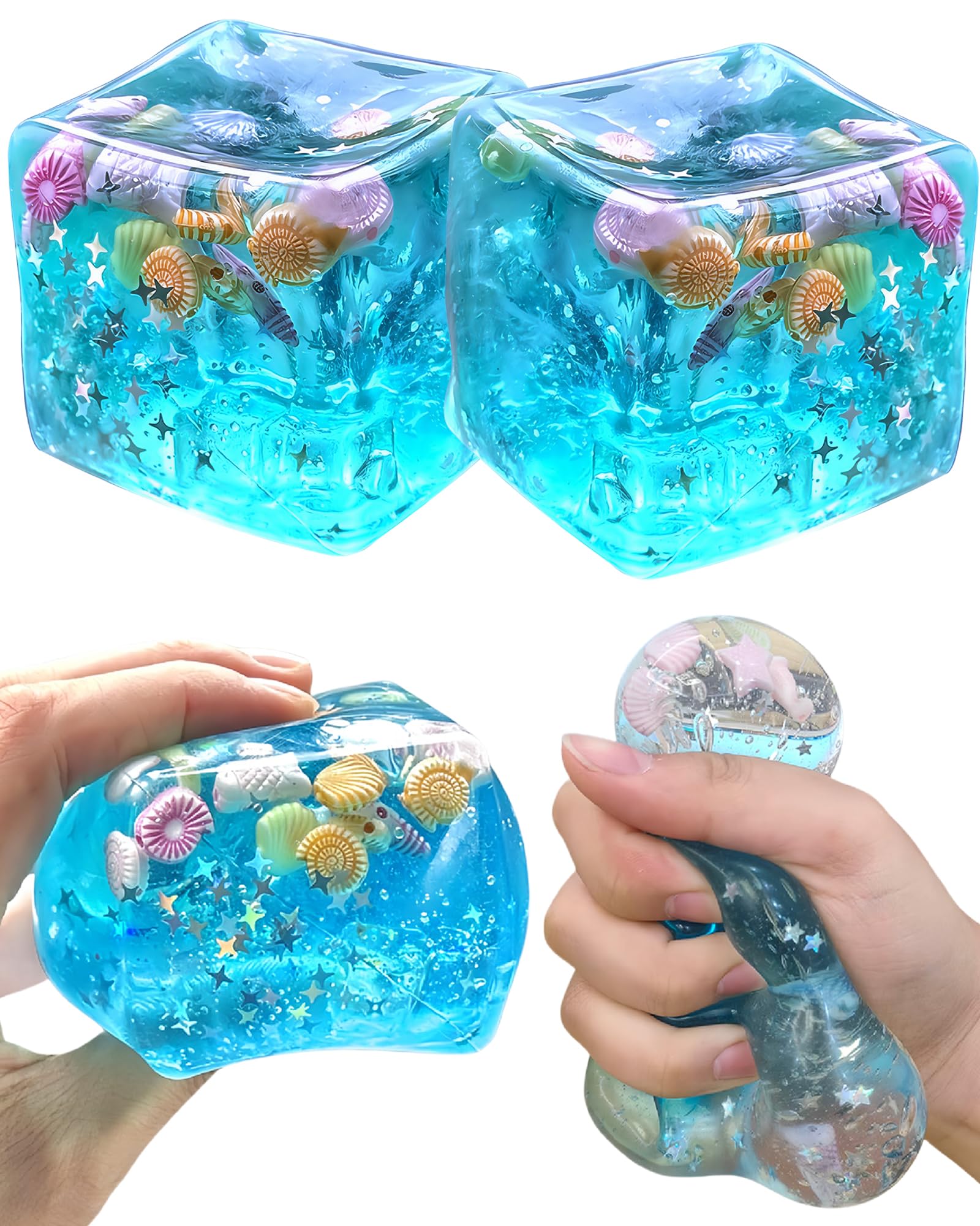 Photo 1 of 2PCS Ice Cube Fidget Toys with Blue Ocean Shells, Squishy Sensory Toy