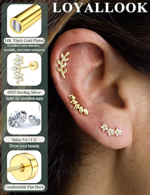 LOYALLOOK 925 Sterling Silver Flat Back Stud Earrings for Women Hypoallergenic | 14K Gold Plated Cartilage Earrings for Sensitive Ears | Leaf Flower CZ Helix Tragus Piercing Jewelry