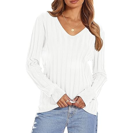 [Perfect Fall Fit] Women's 2024 Fall V Neck White Sweater: A Sleek, Ribbed Essential