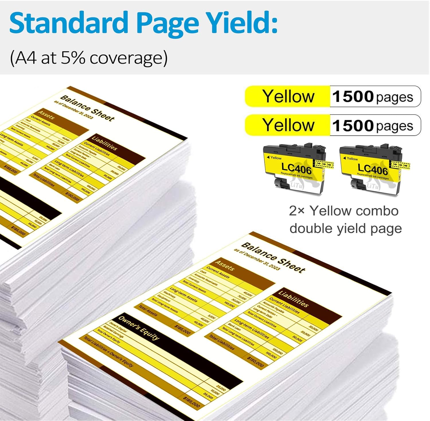 2-Pack Compatible LC406 Yellow Ink Cartridges for Brother Printer Replacement LC406 Y LC406YS for Brother MFC-J4335DW MFC-J4345DW MFC-J4535DW MFC-J5855DW MFC-J5955DW MFC-J6555DW MFC-J6955DW