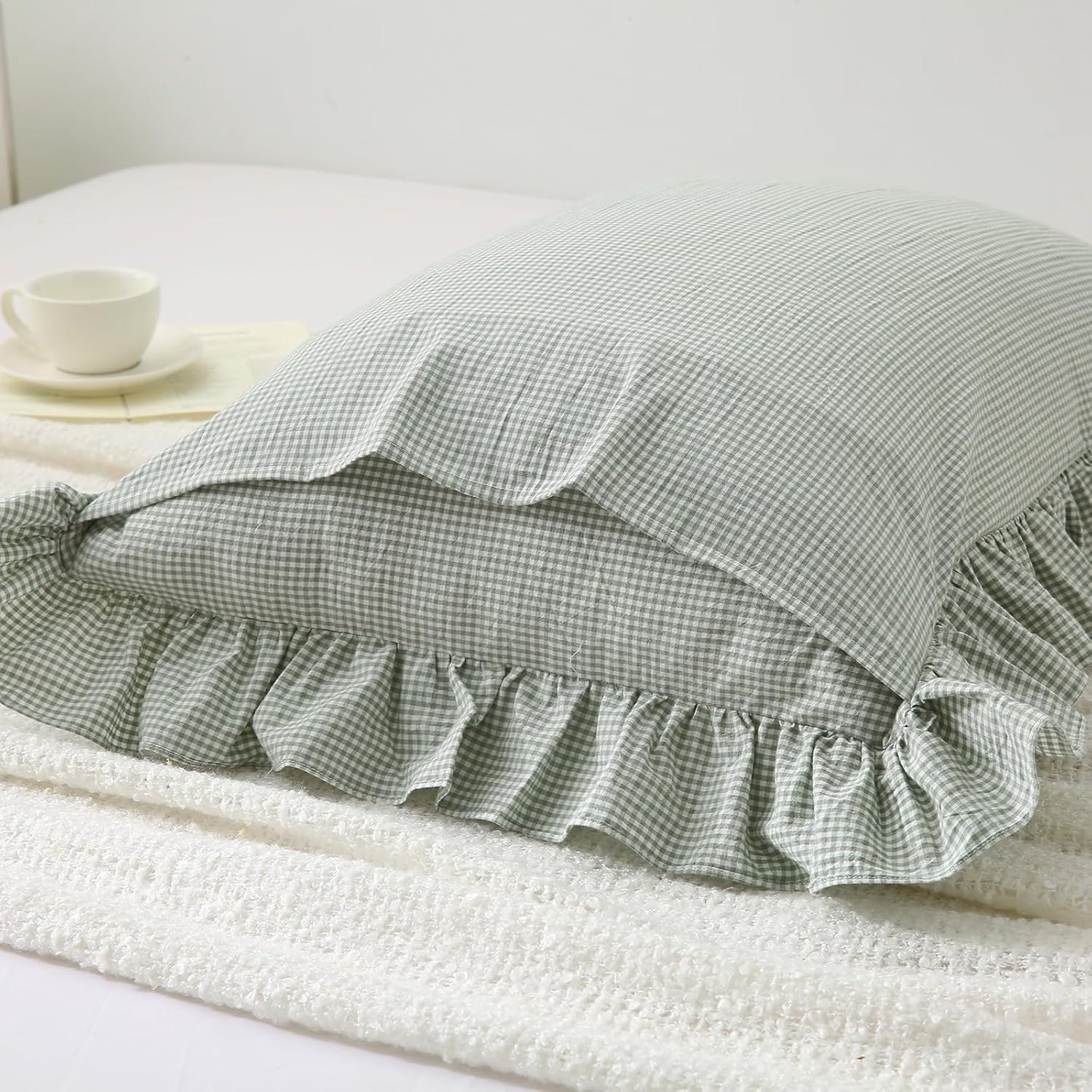 Aryeleay 2 Pack Pile Green White Plaid Gingham Ruffle Pillow Shams Standard Size, 100% Washed Cotton Checkered Farmhouse Pillow Covers for Bed/Sofa-20 x26