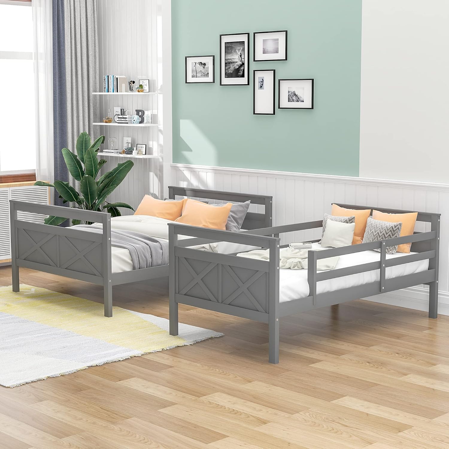 P PURLOVE Twin Over Full Bunk Bed Convertible to 2 Beds,Wooden Bunk Bed Frame with Ladder,Kids Bunk Frame with Safety Guardrail for Bedroom