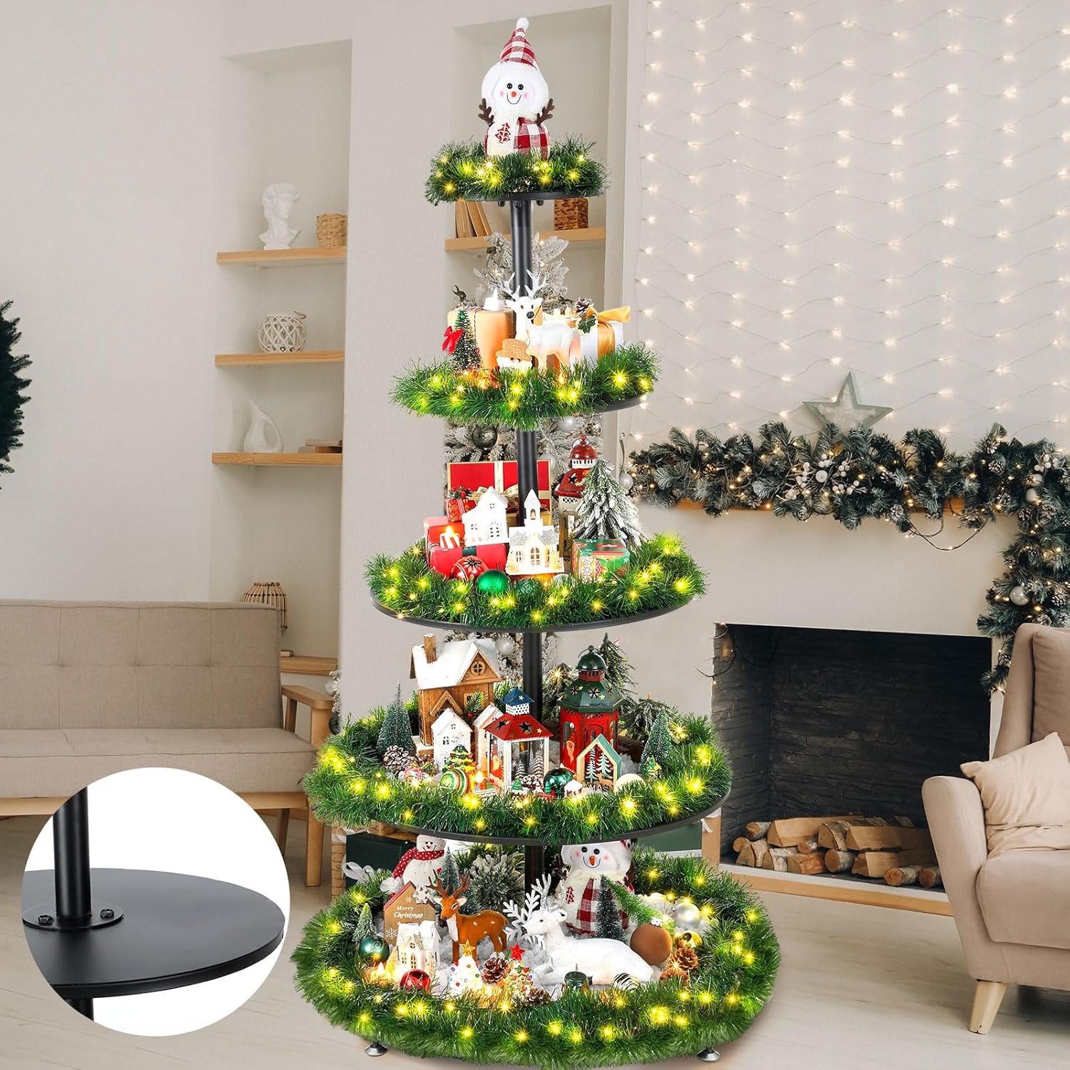 Barydat 5 Tier 59 Inches Metal Christmas Tree Village Christmas Bookshelf Display Supplies Ornament Display Tree Stand Village Bookshelf Holder for DIY Home Holiday Decoration