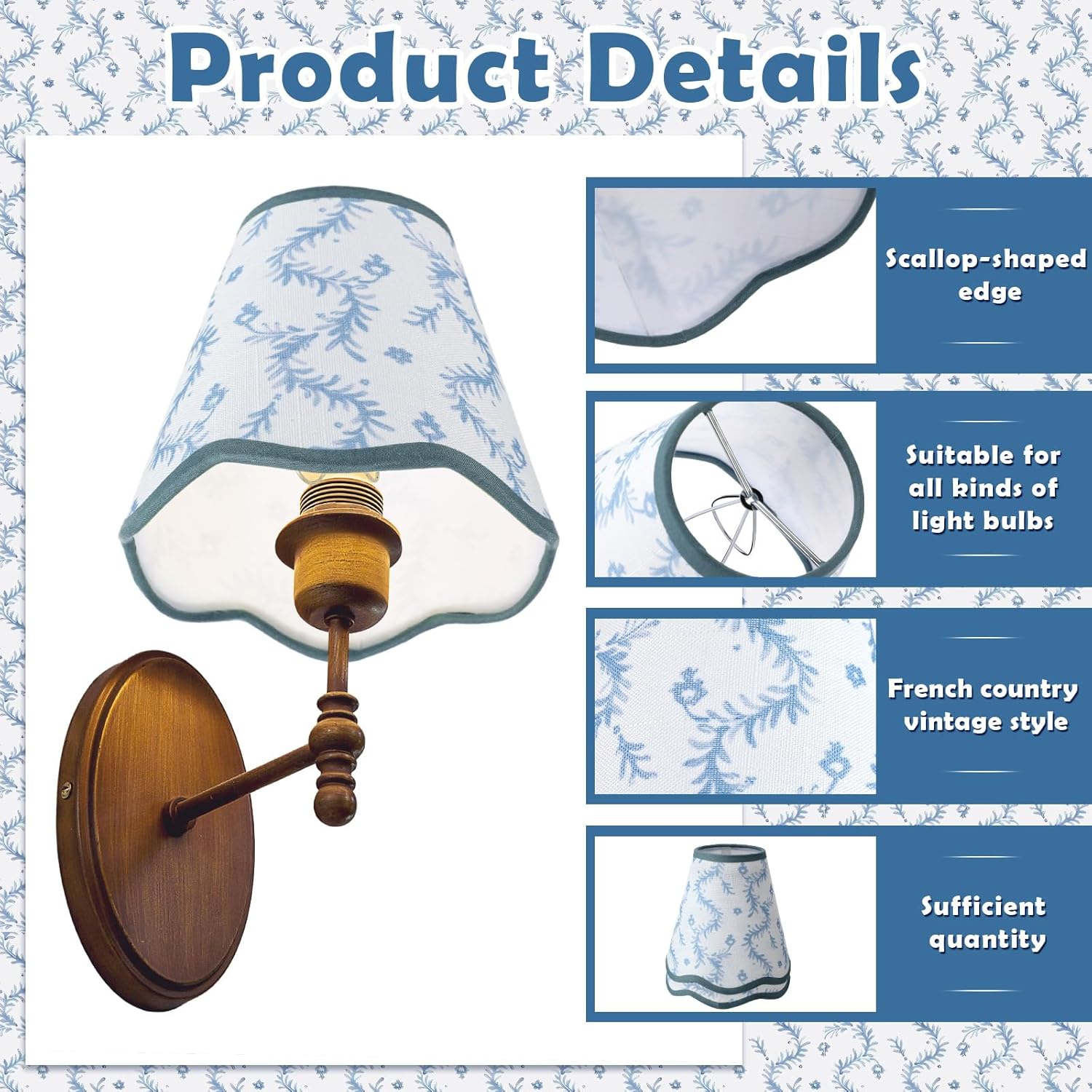VIHOSE 2 Pcs Small Scalloped Lamp Shades Chandelier Lamp Shades 3 x 6 x 6 Inch Blue and White Linen Fabric Mini Scallop Lampshades with Trim Natural Tapered Lampshades for Wall Sconce Pendant Light