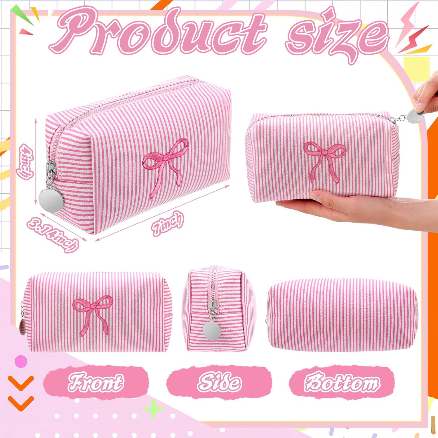 12 Pcs Pink Bow Seersucker Cosmetic Bags Bulk Seersucker Makeup Bags Stripe Women Pouch Large Preppy Storage Pouch Toiletry Travel Organizer for Party Favor