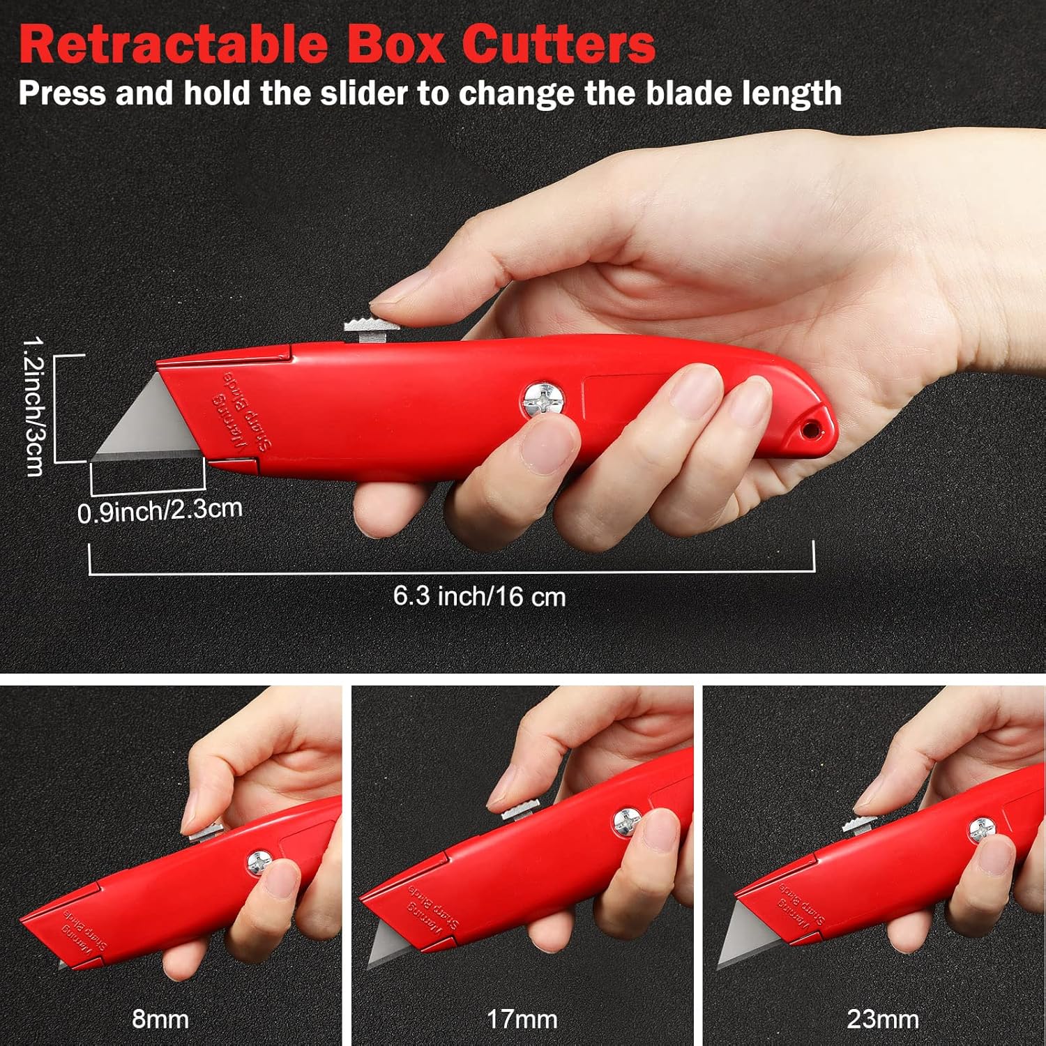 Reginary 30 Pcs Box Cutter Bulk Retractable Blade Utility Knife Heavy Duty Aluminum Alloy Razor Shell Knife for Cartons, Cardboard and Boxes, DIY, Factory, Home(Black, Yellow, Red)