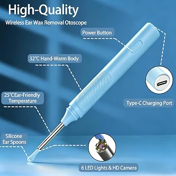 Ear Wax Removal - Earwax Remover Tool - 1080P Ear Camera with 6 LED Light - Ear Cleaning Kit with 6 Silicone Tips, Compatible with iOS Android, for Ear Nose Mouth Checking(Blue, 1 Ear Pick)