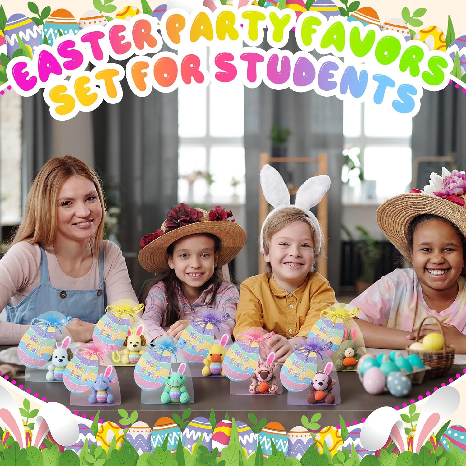 Wiwiqing 72 Pcs/ 24 Set Easter Mini Stuffed Animals Small Easter Egg Hunt Plush Doll Tiny Bunny Ear Soft Keychain with Gift Cards Bags for Party Favors Classroom Exchange Gifts Basket Stuffers Prizes