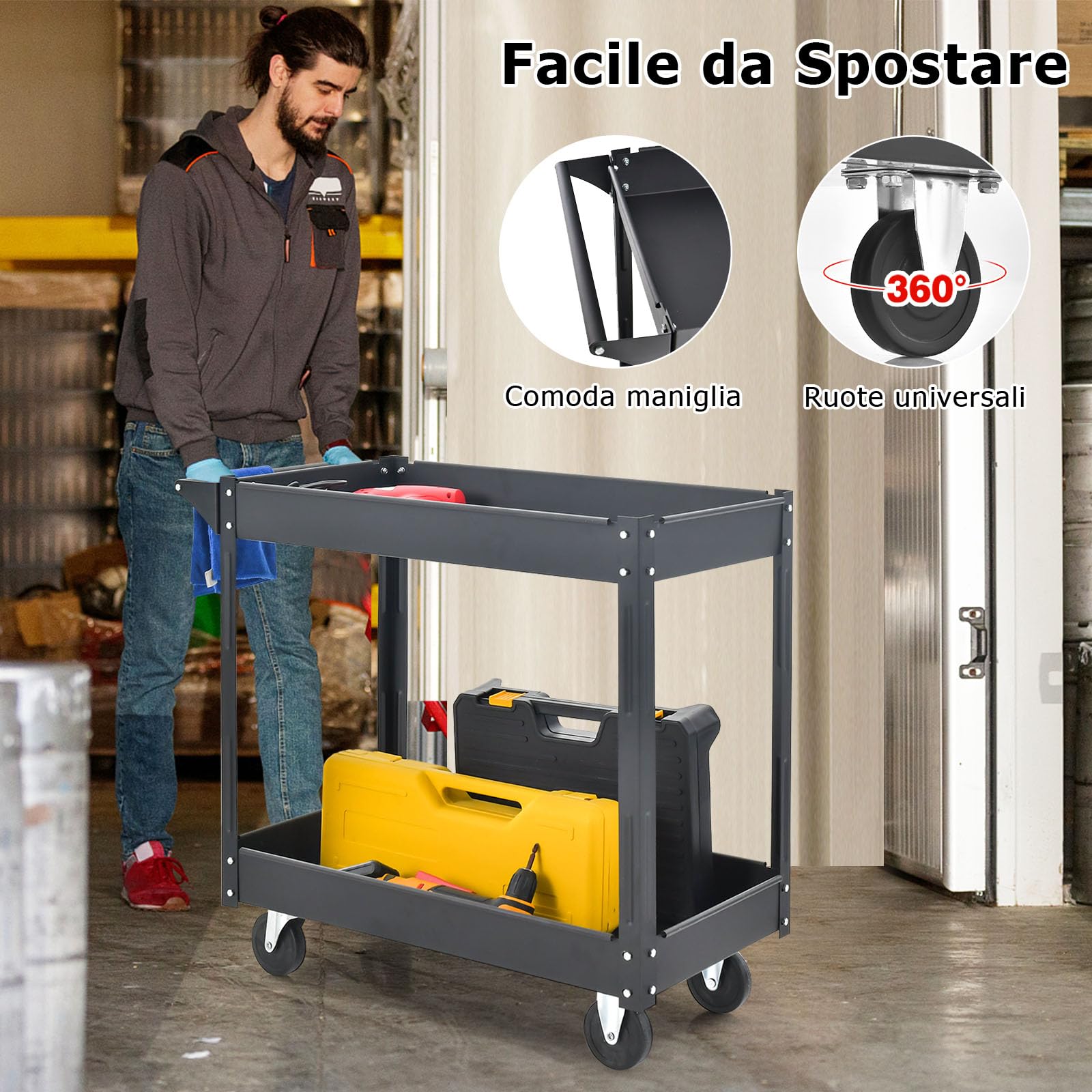 GYMAX Carrello Portaoggetti a 2 Livelli, Carrello Portautensili in Metallo Robusto con 4 Ruote Lisce, Carrello di Servizio con Maniglia Ergonomica, per Garage, Magazzino, Cucina, Nero/Rosso (Nero)