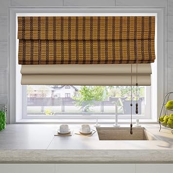 LETAU No Tools No Drill Wood Window Roman Shades, Bamboo Lined Blackout Window Blinds for Home Indoor,Office,Kitchen,Pattern 1