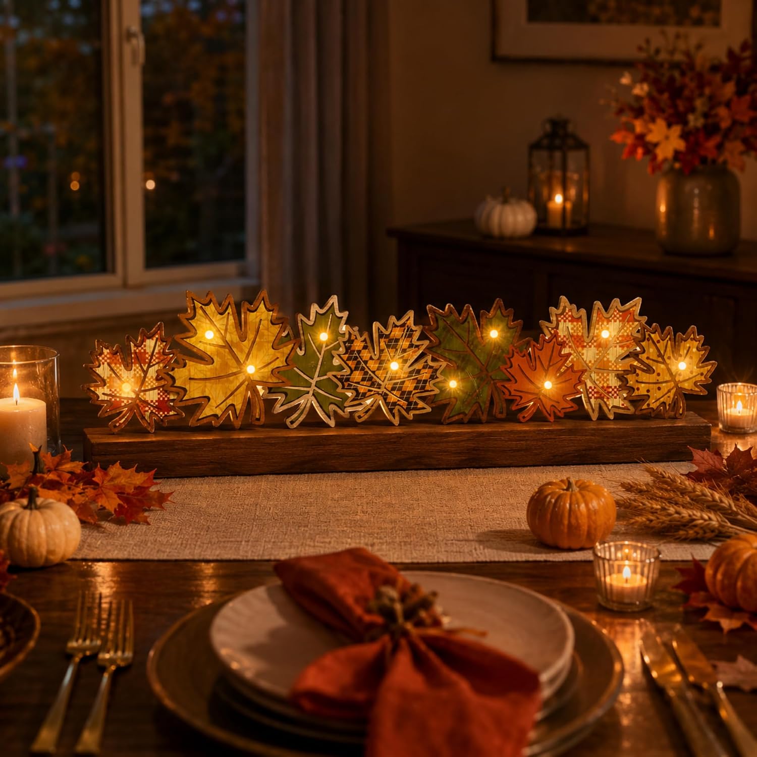 RattanView Light up Fall Decor Wooden Maple Leaf Autumn Table Centerpiece