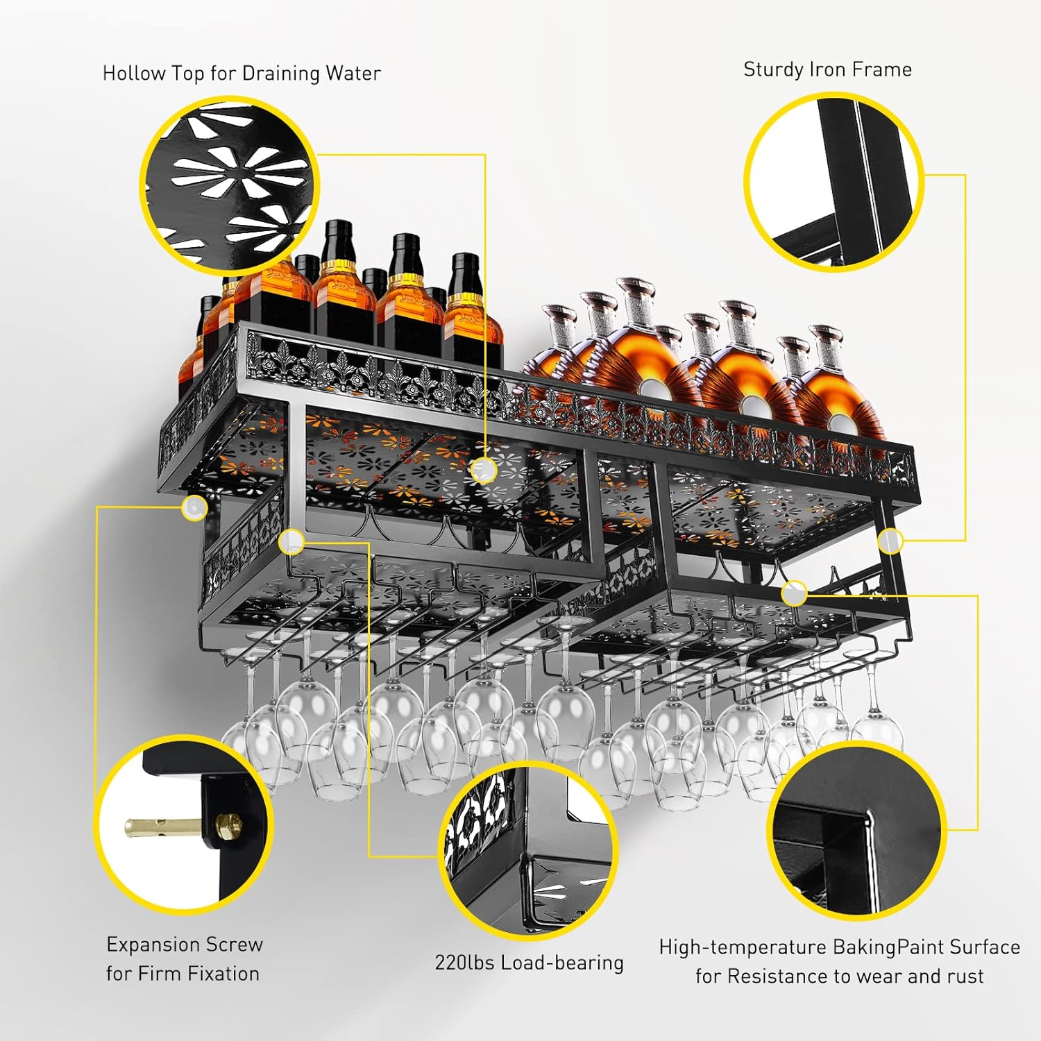 Industrial Wall Mounted Wine Rack Cabinet Upside Down for Wall, Liquor Bottle Display Shelf Bar Display Shelf Glass Holders Hanging Wall Wine Rack for 16-24 Wine Glasses