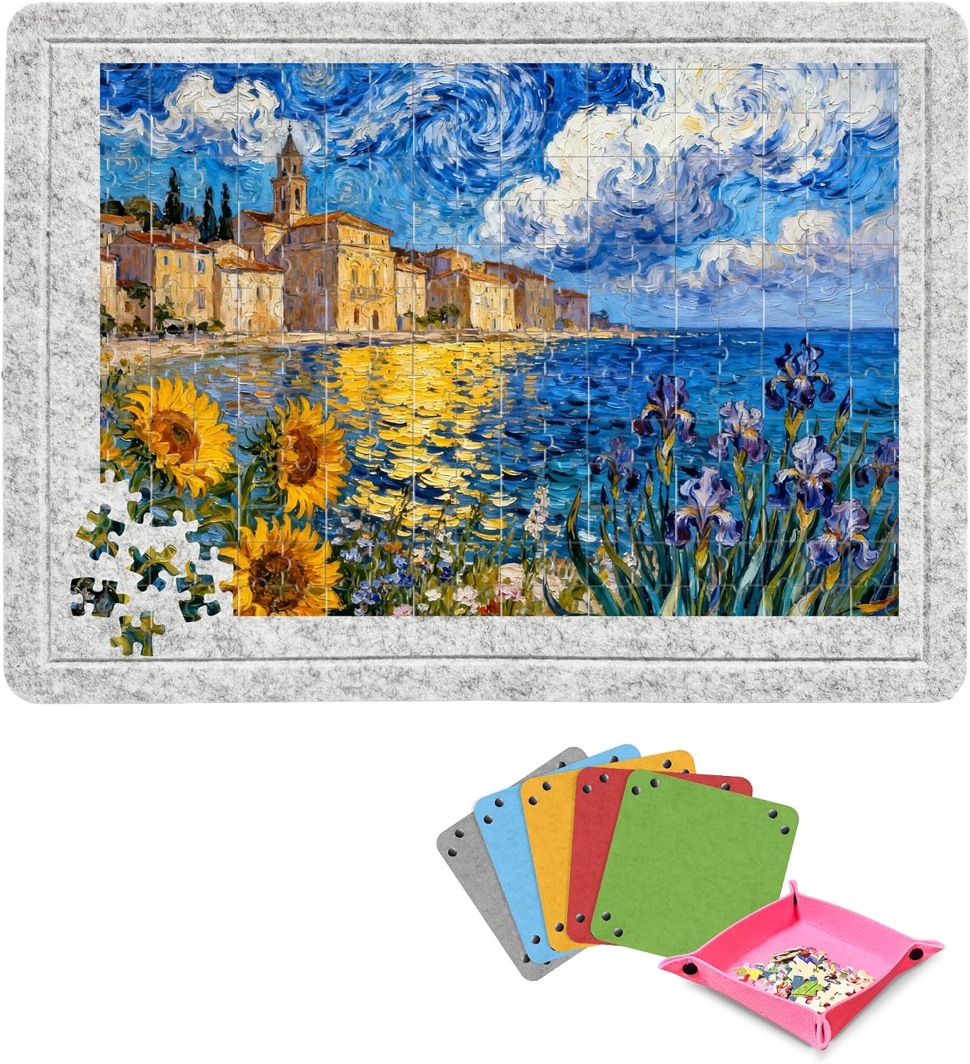 Foldable Felt Puzzle Pad 31.5 * 23.6 Inch with 6 Felt Storage Plates Non-Slip Easy Storage