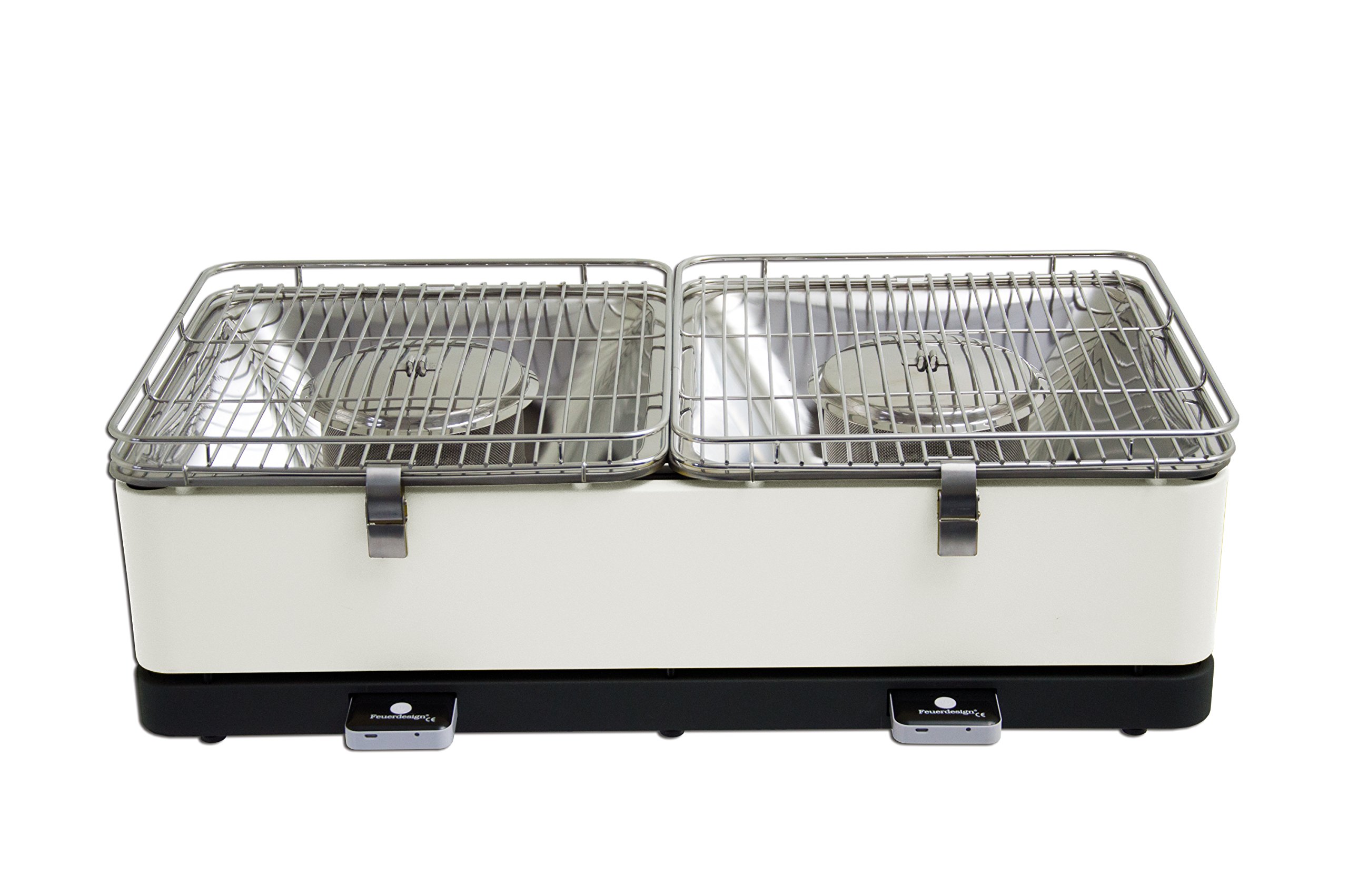 Feuerdesign Santorin Grill E Pinza Per Barbecue, 2 Superfici Griglianti, Dimensioni 34 X 34 Cm, Lavabile In Lavastoviglie, Ventola Rimovibile, Borsa Per Trasporto Inclusa, Bianco