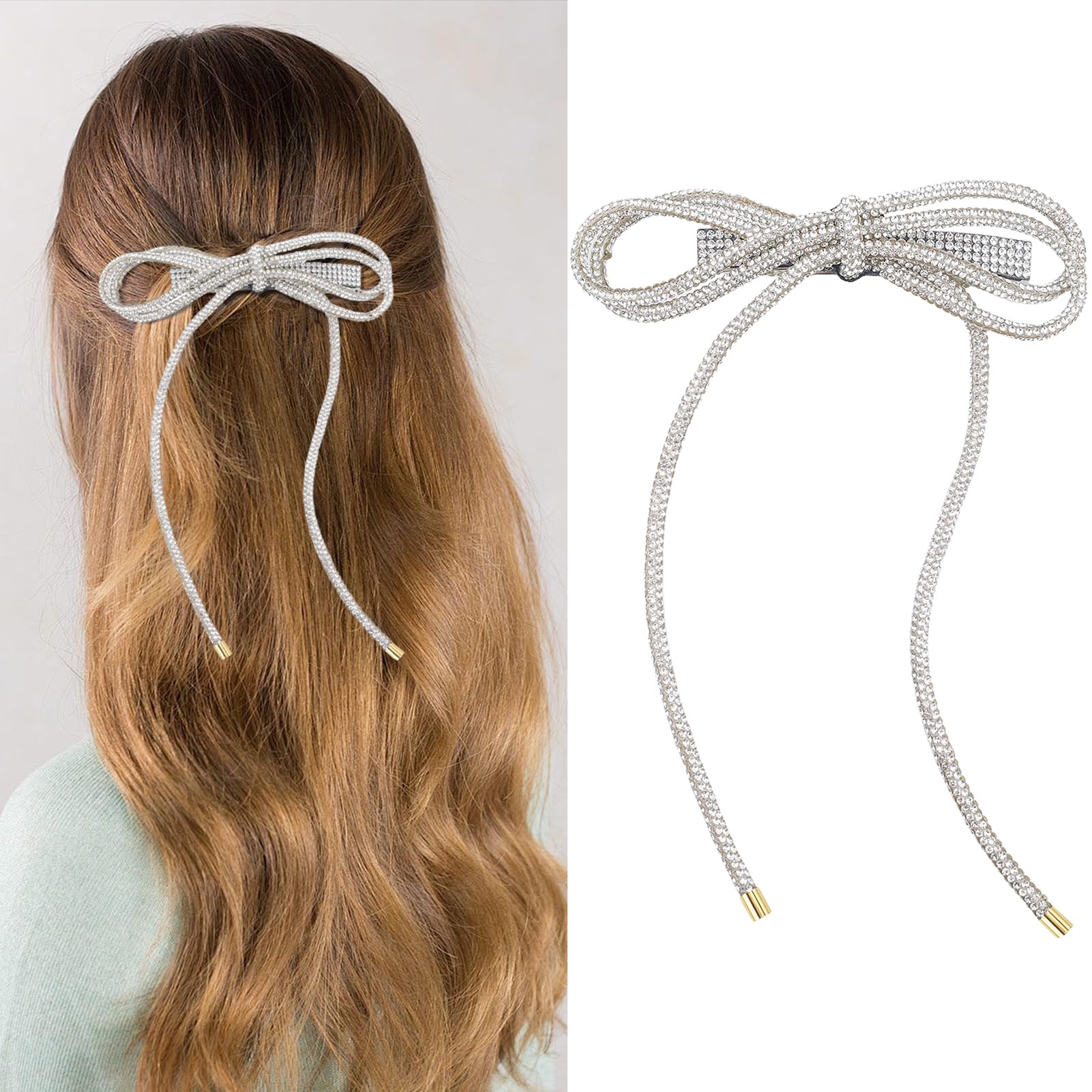 Amazon.com : TUCEWP Rhinestone Bow Hair Clips Silver Sparkly Long