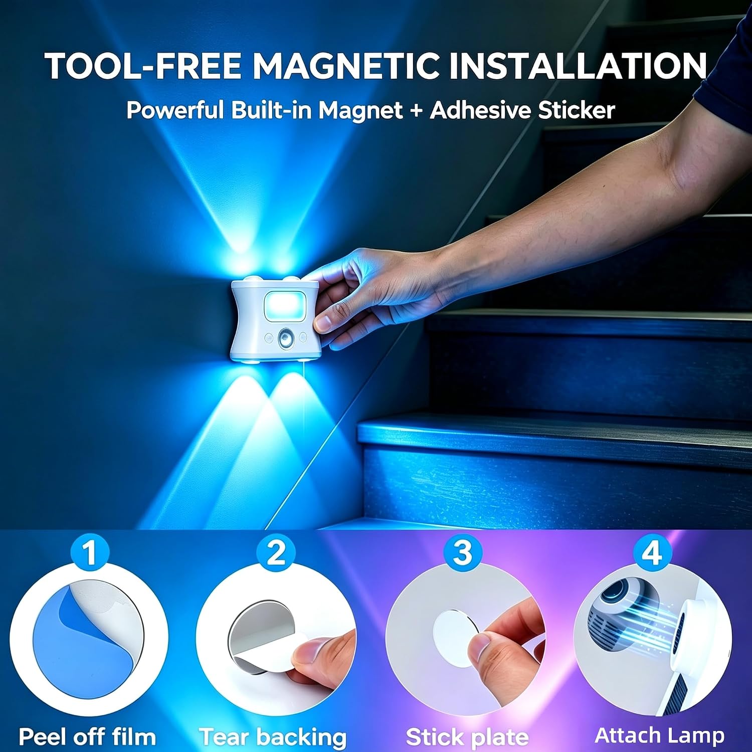 4 Pack Rechargeable Dynamic RGB LED Wall Lamp, Motion-Sensing Step Lights with Remote Control, 1200mAh Battery, Dimmable, Magnetic Mount for Staircase, Hallway, Bedroom, Kitchen, Bar