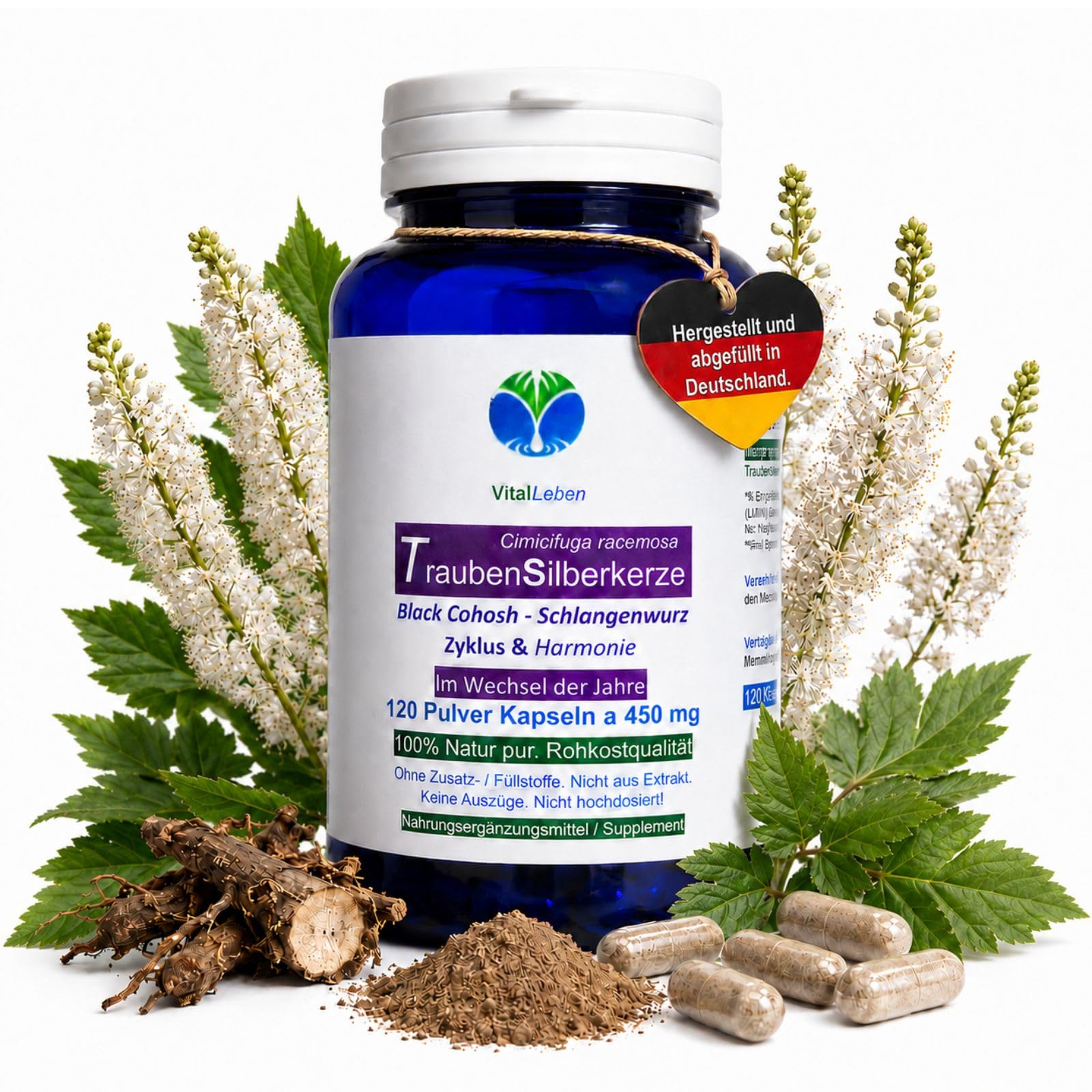 Traubensilberkerze 120 Kapseln Frauenpflanze für Lebensmitte, Wechseljahre, Menopause. Cimicifuga Black Cohosh. Hormonfrei. Kein Extrakt, nicht hochdosiert. NATUR pur. OHNE ZUSATZSTOFFE. 26850-120