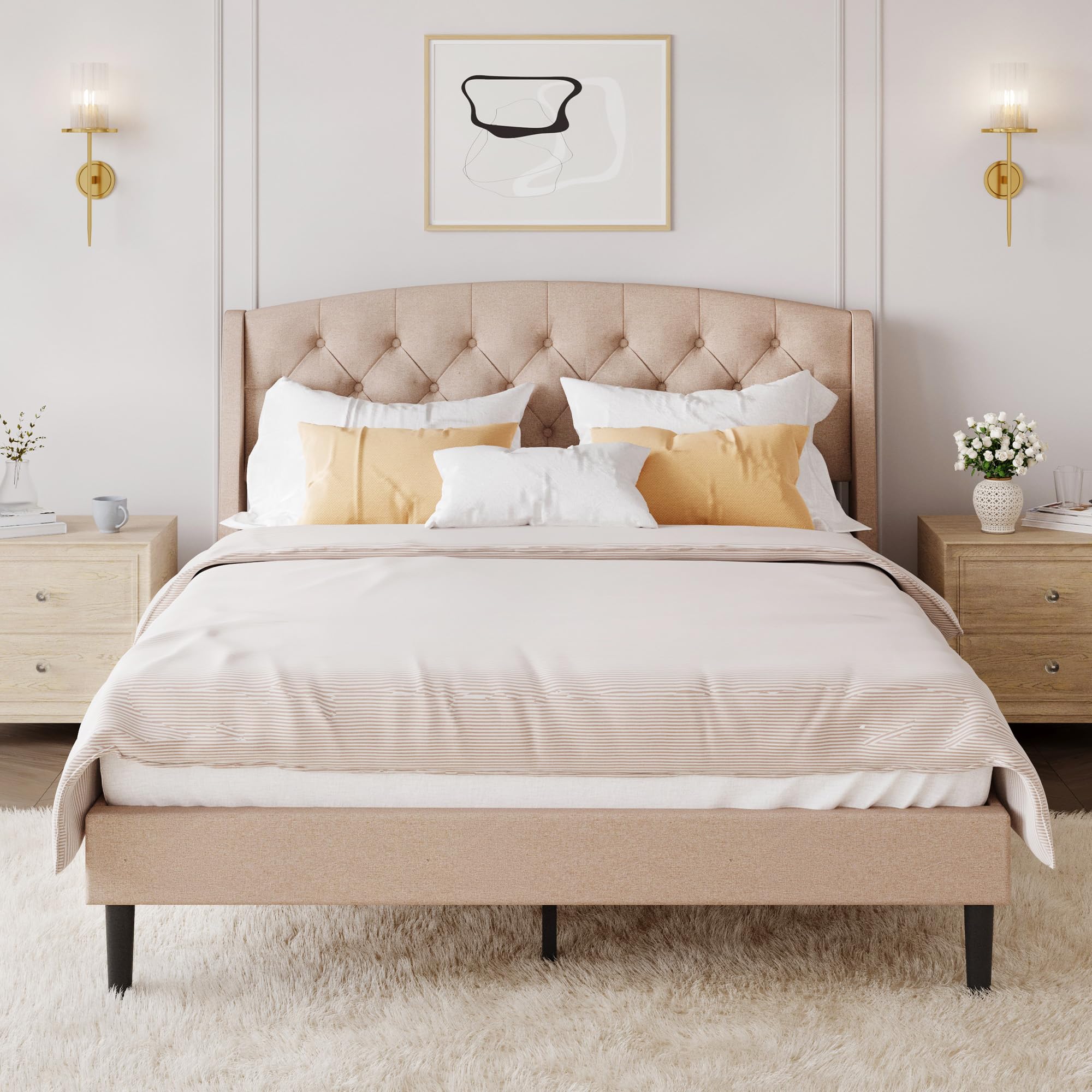 egohome queen bed frame beige, upholstered wingback headboard with underbed space, sturdy metal frame w/extra support legs, effortless assembly via ratchet wrench, no box spring required