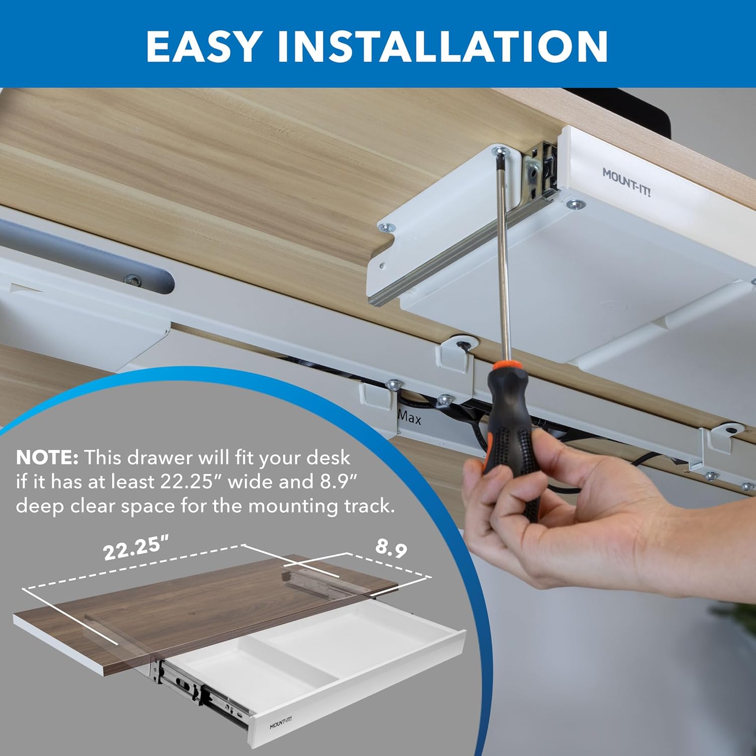 Mount-It! Under Desk Drawer Organizer with 2 Compartments, Shallow Low-Profile Slide-Out Desk Tray, 20.7″ x 8.9″ x 1.8″, Pull-Out Pencil Drawer for Traditional & Standing Desks- White