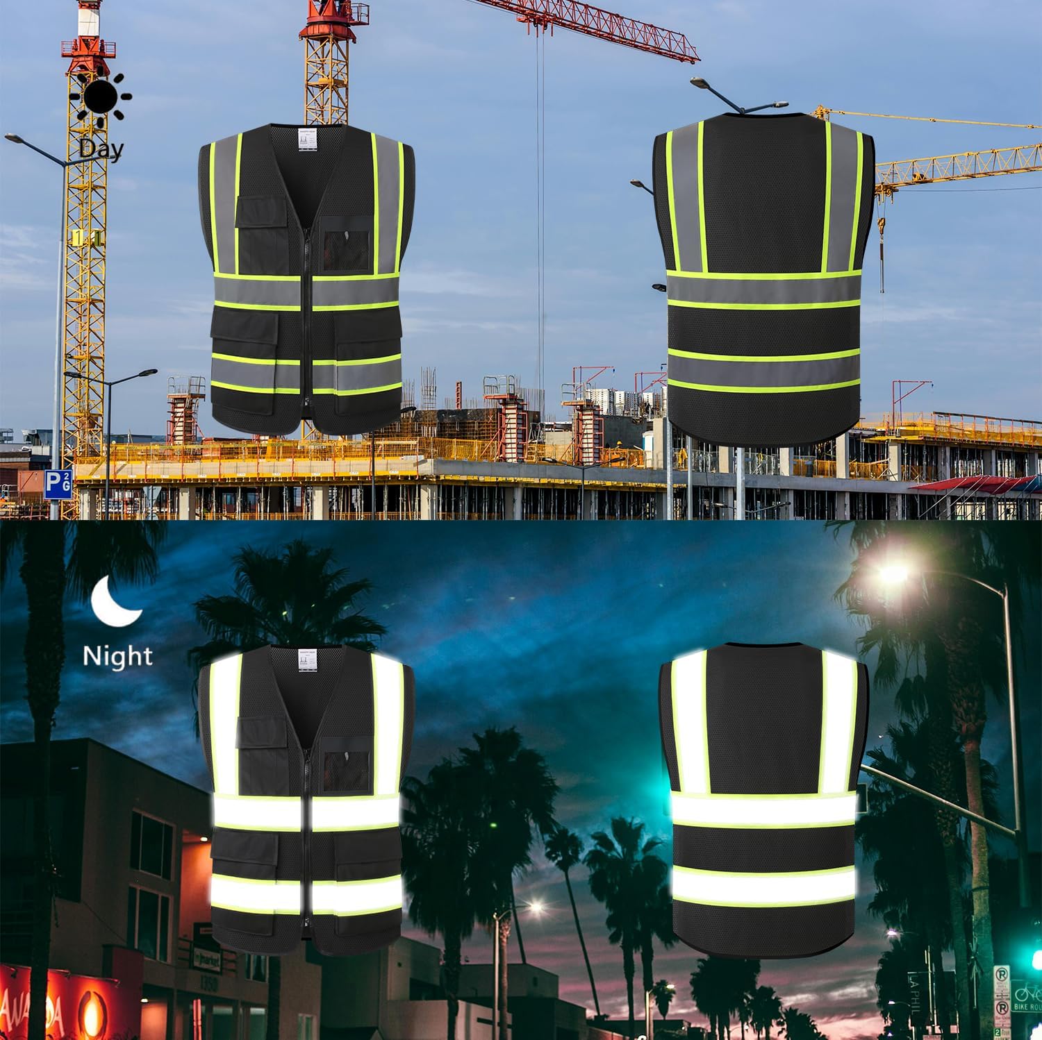 High Visibility Reflection Black Mesh Safety Vests with 8 Pockets and Front Zipper, hi vis safety vest for Men and Women, Meets ANSI/ISEA Standards(Black-07,Large) - Image 4