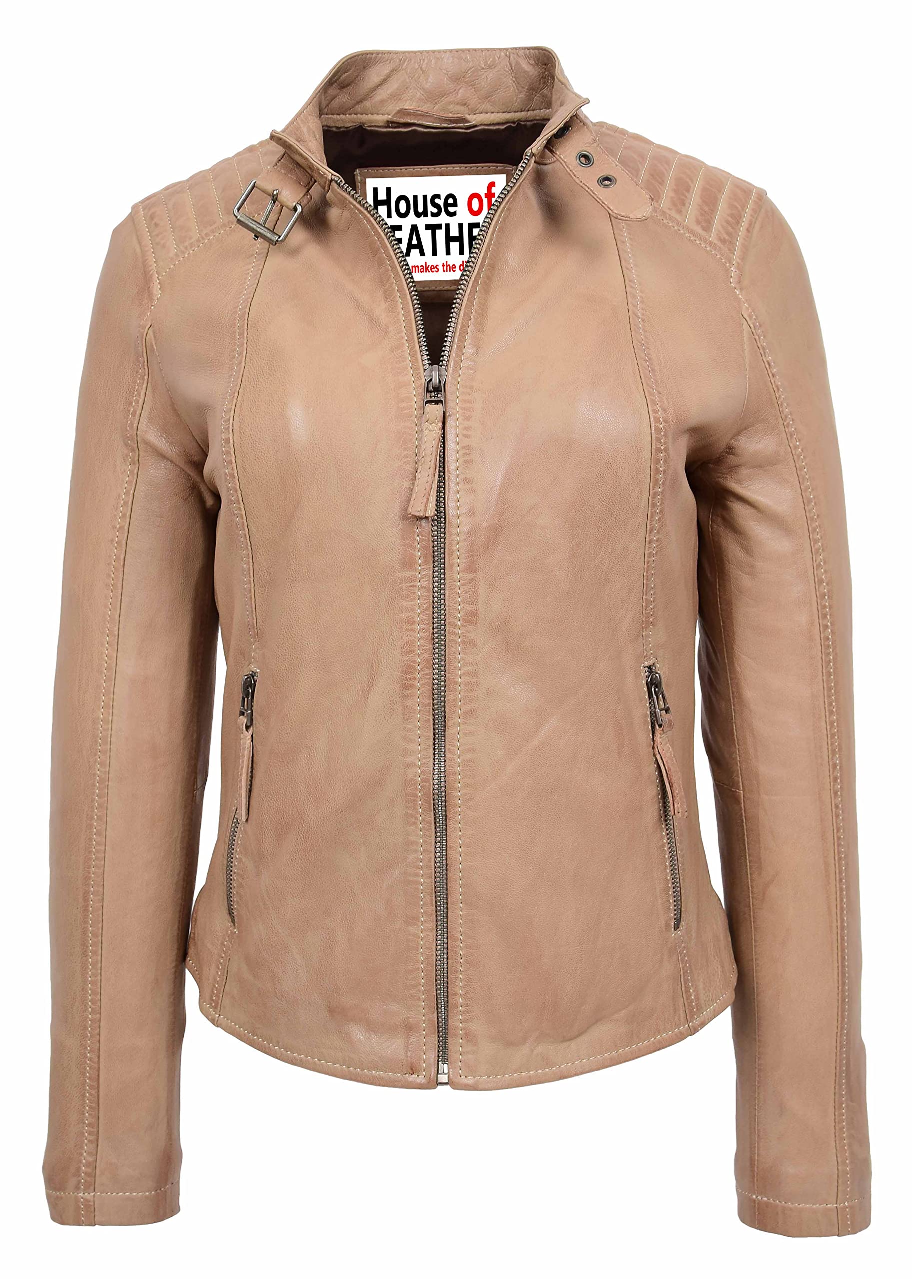 Womens Real Leather Classic Biker Style Jacket Sophia (18, Beige)