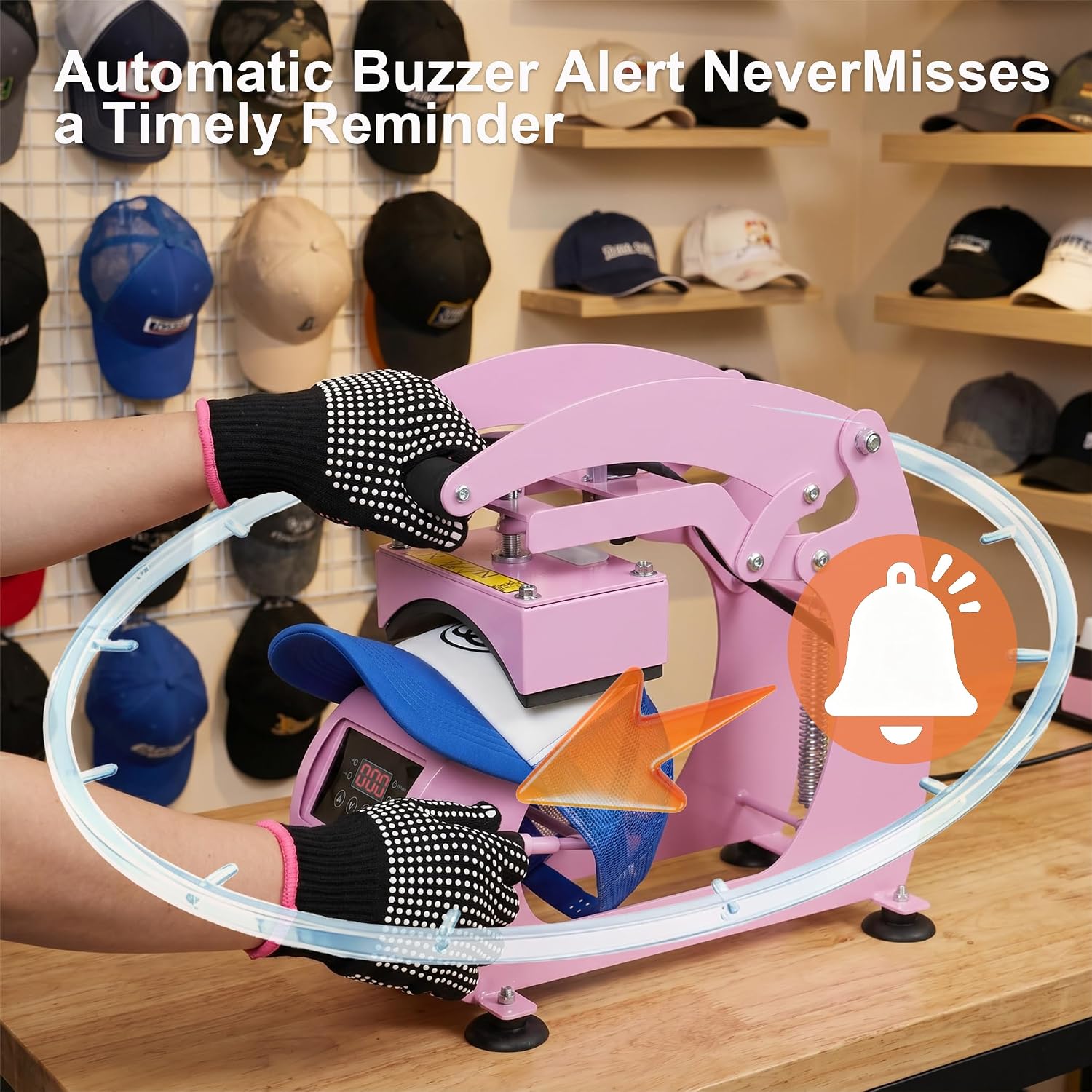 Hat Press Heat Machine• Dual-Size Pressure Plates • Precise Temperature & Timing Control • Audible Timer Alarm • Compatible with DTF, Embroidery & Sublimation (Pink)