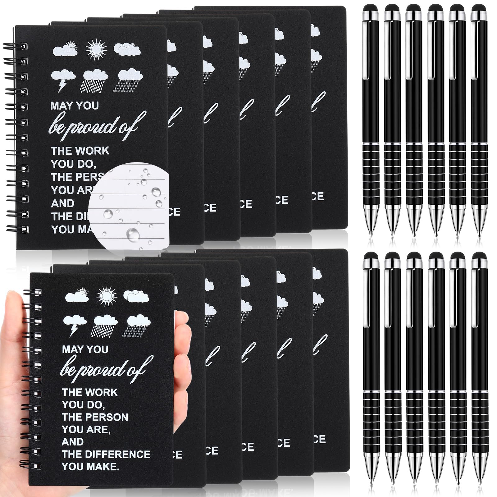 Gueevin24 Pack Waterproof Notebook and Pen with Capacitor Head 3'' x 5'' Pocket All Weather Note Pad with Weatherproof Pen Spiral Stone Paper Notepad for Outdoor Activities Recording(Black)