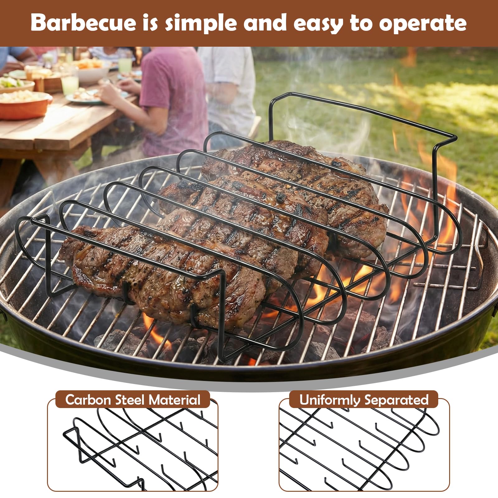Supporto Bistecche e Costine,Cestello per BBQ Rib Rack con 2 Pennelli,Supporto per Arrosto Bistecca,Telaio Griglia Barbecue Spareribs Halter Grill,Nero