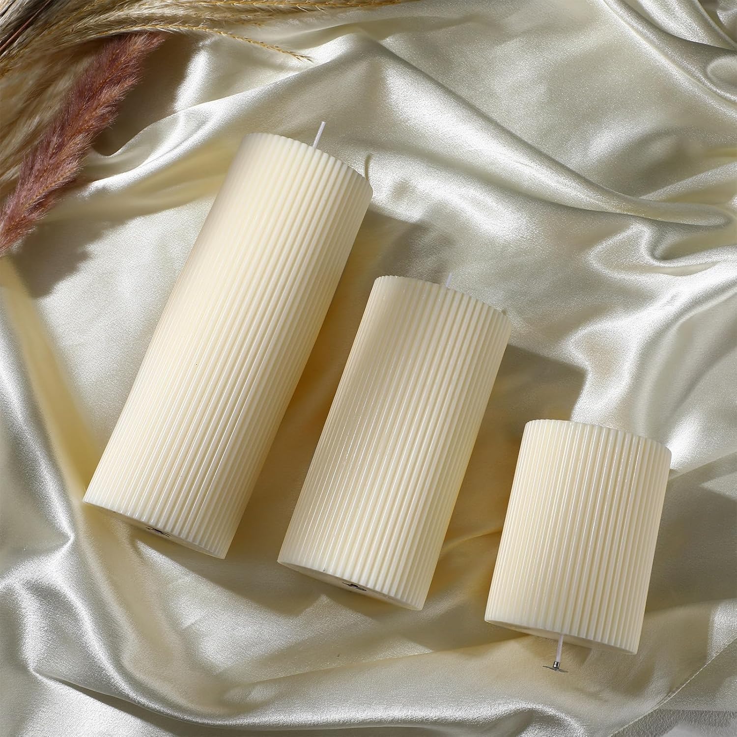 Conelist Ribbed Pillar Candles Set of 3, Width 3" High 4" 6" 8" Large Soy Wax Orchids Scented Pillar Candles Aesthetic Ribbed Modern Home Decor for Bathroom Living Room(Cream)