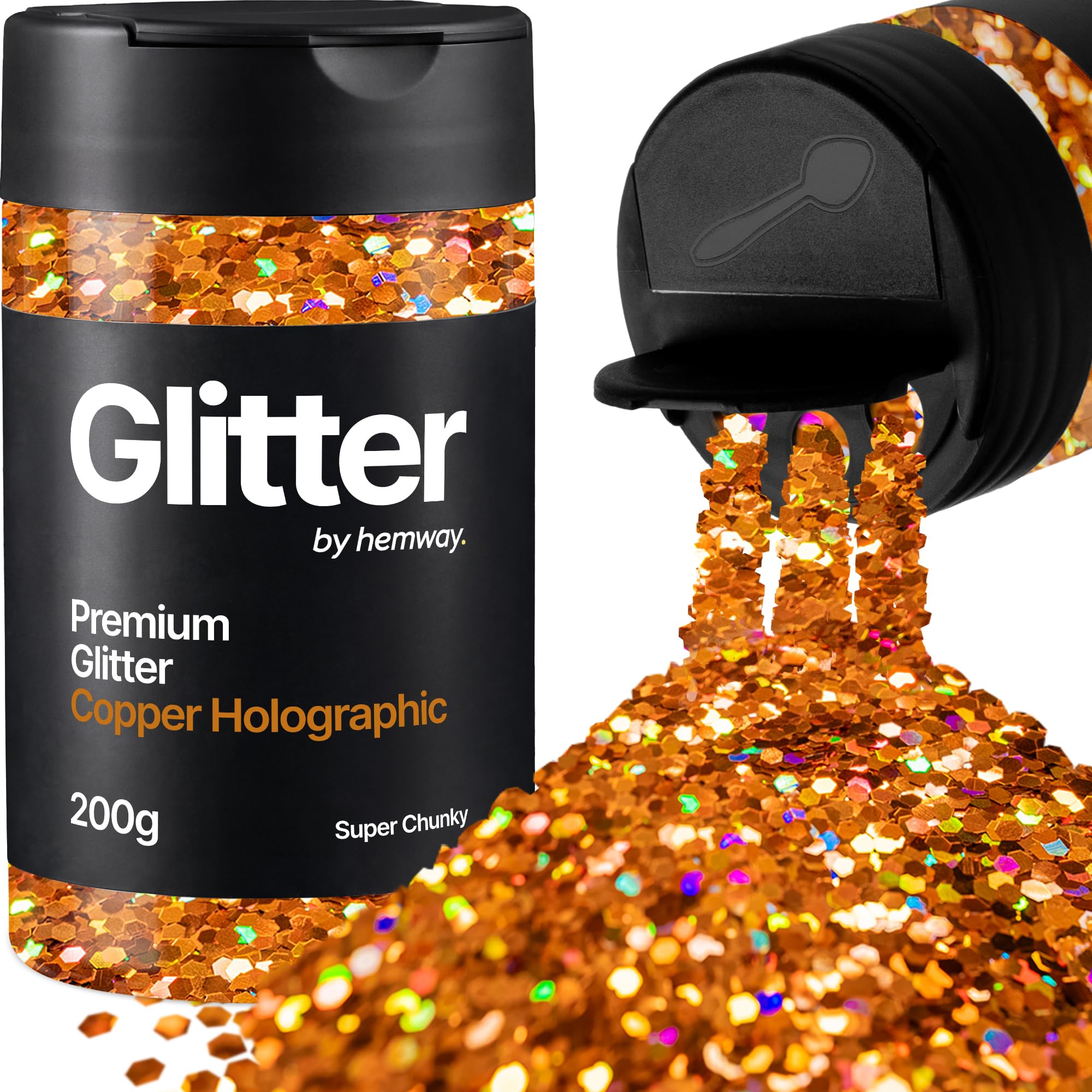 Hemway Copper Holographic Glitter Shaker, 200g Super Chunky Glitter for Crafts Metallic Flake Sequins for Resin & Epoxy Crafts for Decorating, Halloween, Christmas, Nail, Face, Art