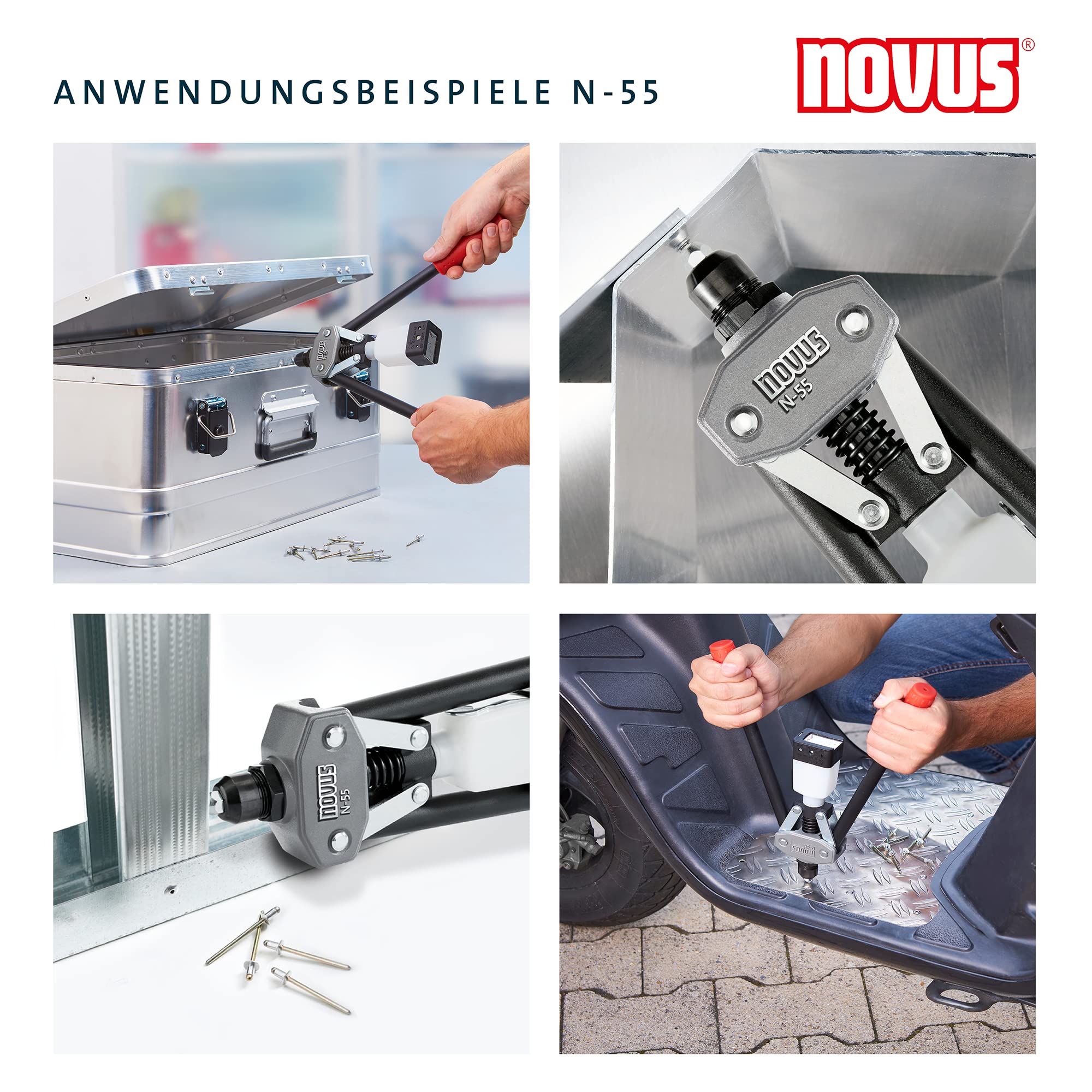 Novus N-55 Easy, szczypce do nitów zrywalnych z aluminium i stali, obsługa jedną ręką, szczypce do nitów aluminiowych, nitów stalowych, nitów miedzianych