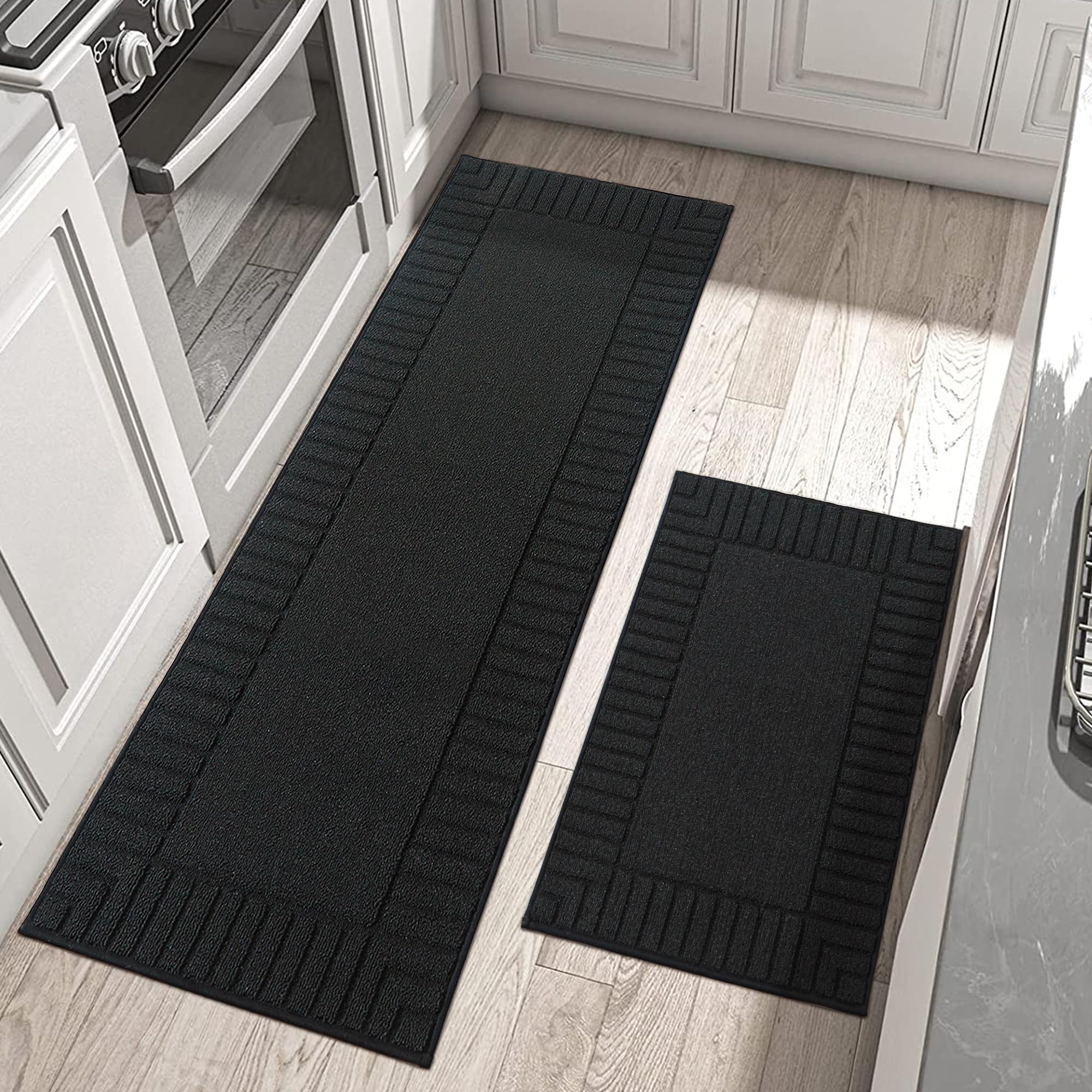 BEQHAUSE-Kitchen-Rugs-and-Mats,2 PCS Non Slip Kitchen Floor Mat,Absorbent Kitchen Rug Sets Machine Washable Kitchen Runner Rug Black Kitchen Mat