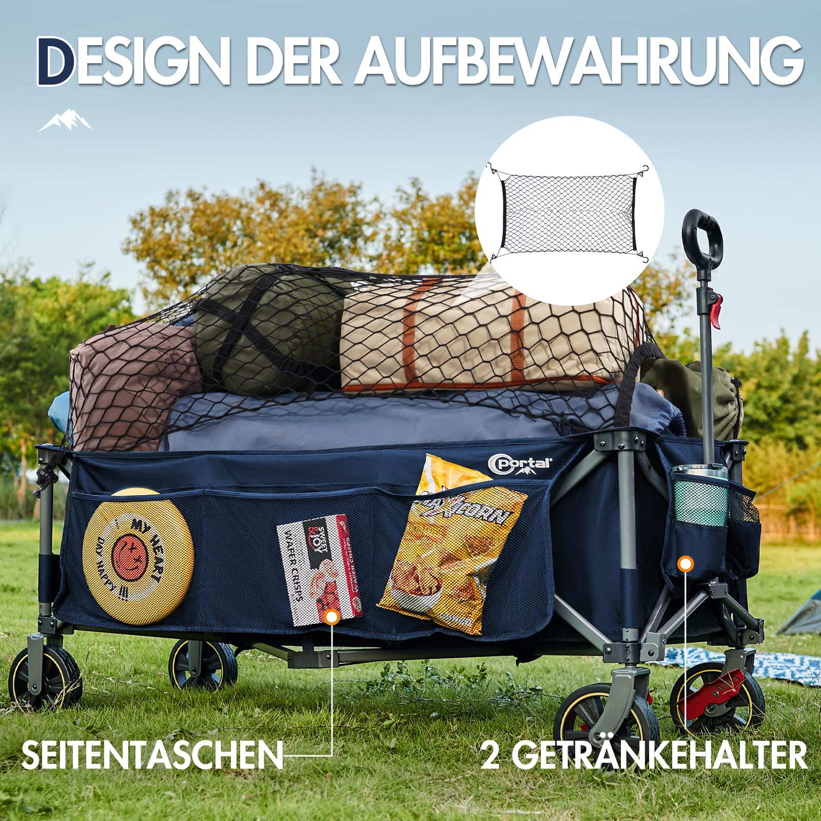 Portal Bollerwagen faltbar XXXL 400L 160kg belastbar Groß Handwagen mit Getränkehalter Seitentasche Transportwagen Leiterwagen klappbar Strandwagen Faltwagen für Garten Camping Festival Blau