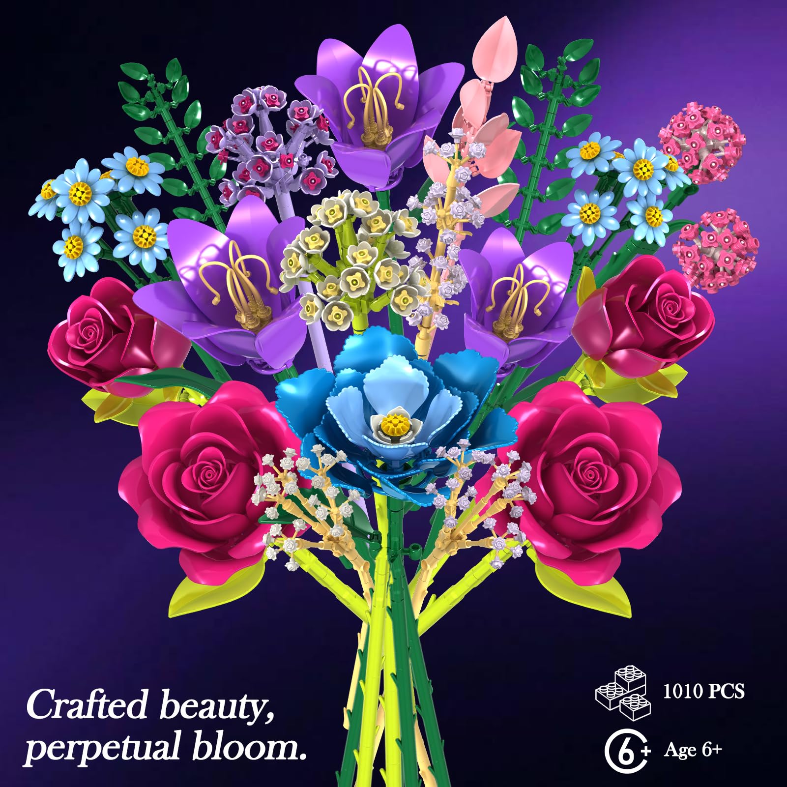 Fleurs Briques De Construction, 19 Multicolore Bouquet avec Rose, Lys, Kit de fleur artificielle, DIY Jouet Créatif Cadeau pour Adultes Femmes Filles 6+, pour Fête des Mères, Anniversaire, Déco - 2