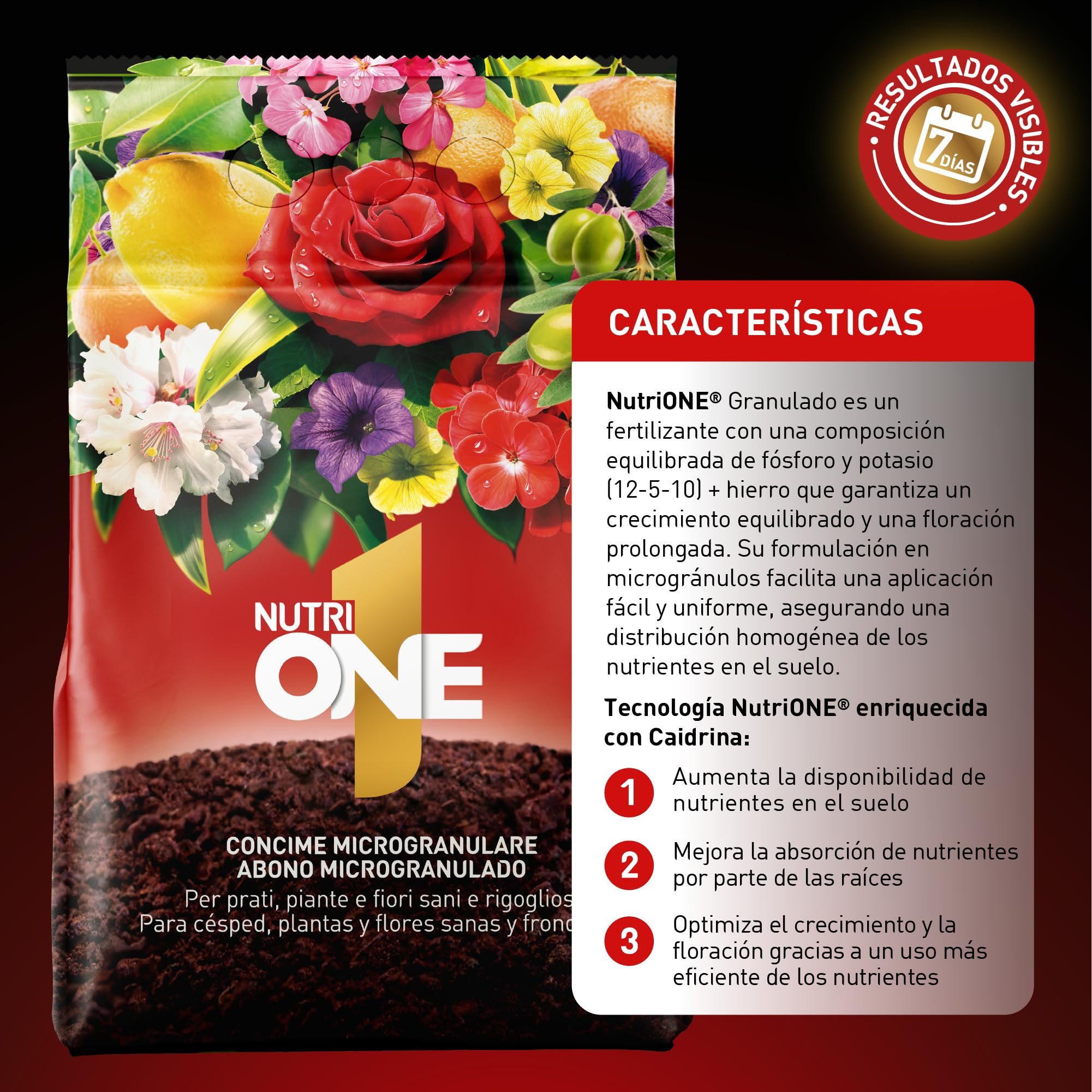 nutriONE Abono granulado para todo tipo de Plantas y Flores. Fertilizante Concentrado microgranulado Premium. Ingredientes naturales y resultados visibles en 7 días.