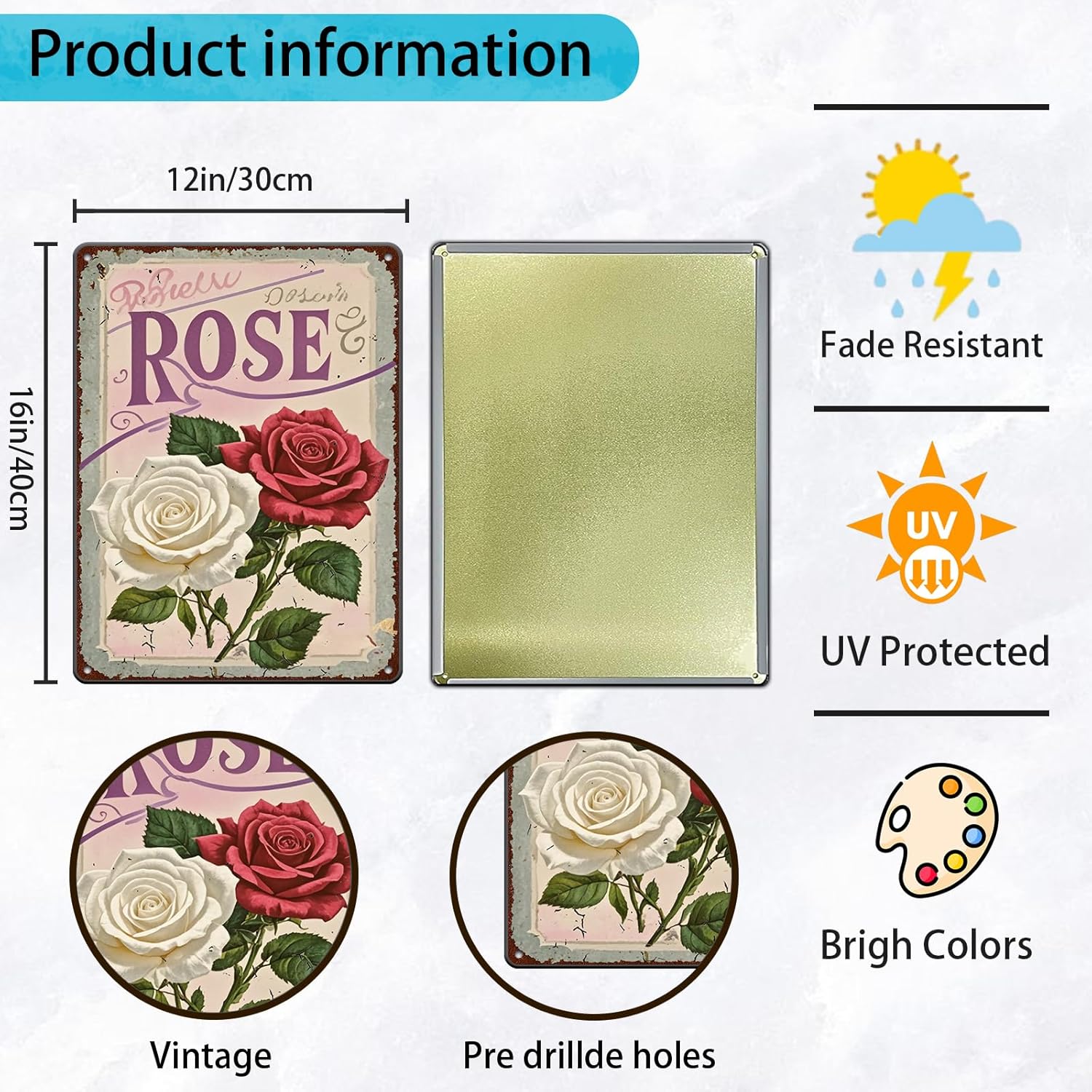 Retro Metal Tin Sign Garden Flower Metal Tin Sign Beautiful Rose Farmhouse Sign Country Farm Kitchen Wall Home Garden Decor Art Signs Garage Decoration 12x16 Inch