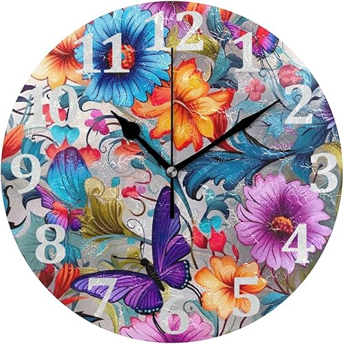 Kigai Reloj de pared floral colorido, redondo, vintage, silencioso, sin tictac, funciona con pilas, diseño de números arábigos precisos para el