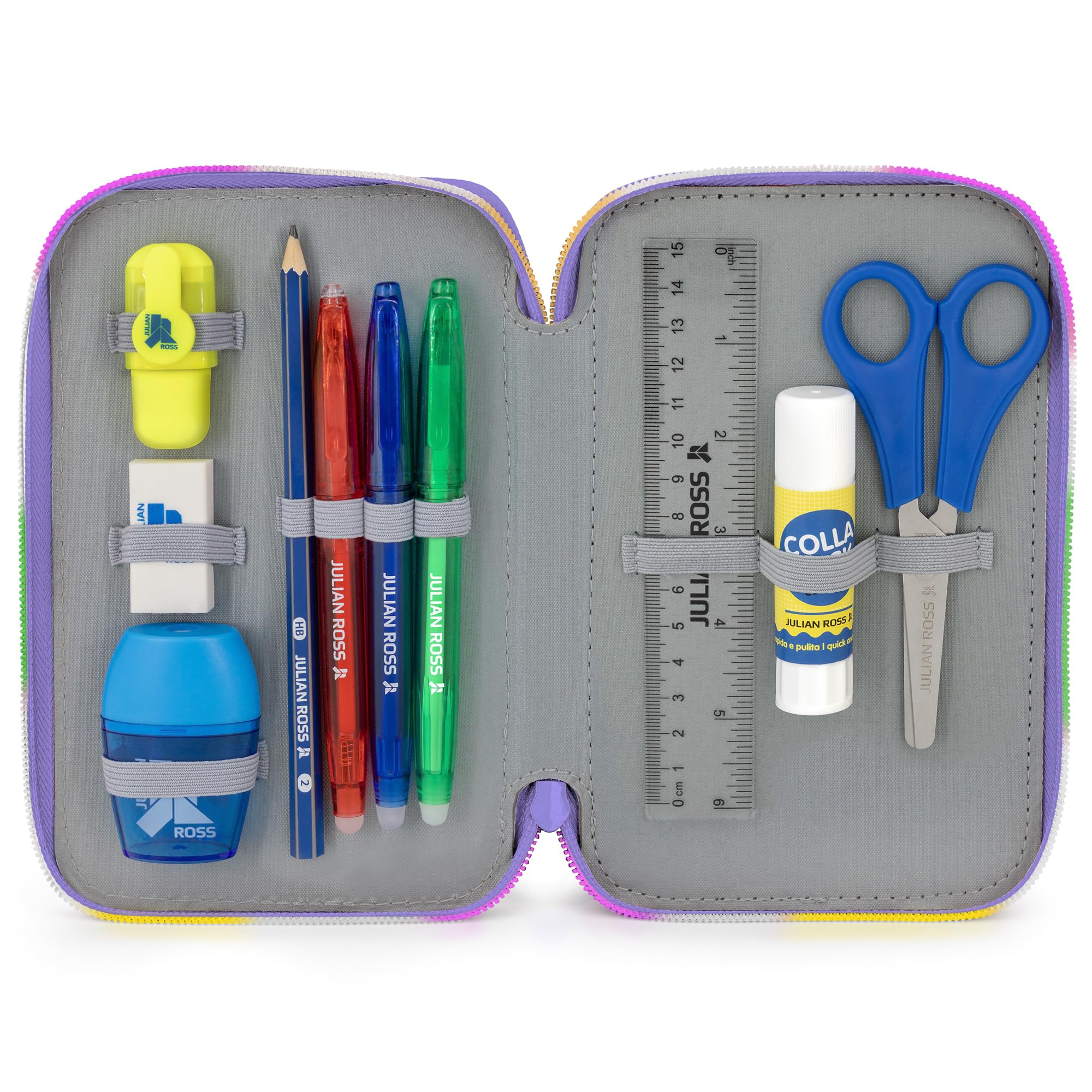 Clondo Astuccio Scuola 3 Scomparti Completo Stitch Fan 46 Accessori Kit Cancelleria Penne Gel Cancellabili Pennarelli Pastelli Colla Evidenziatore