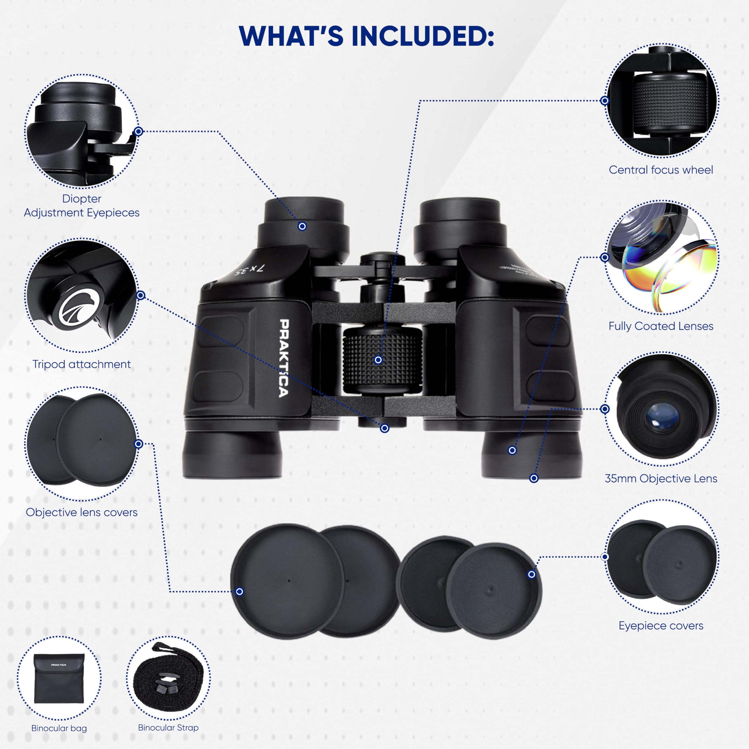 Praktica Falcon Jumelles Noires 7 x 35 mm Prism Field – Compactes, lentilles entièrement revêtues, Construction Robuste, châssis en Aluminium, Image Nette et Claire, Observation des Oiseaux, Voile,