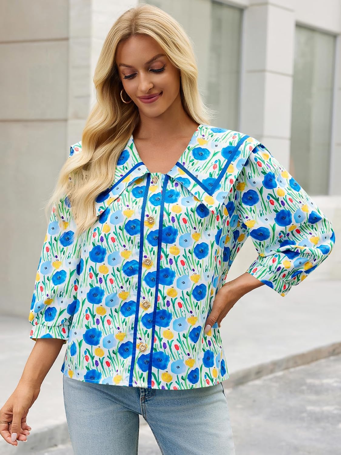 Cicy Bell Womens Floral Button Down Shirts Trendy Casual 3/4 Lantern Sleeve Blouse Square Neck Collared Tops - Image 5